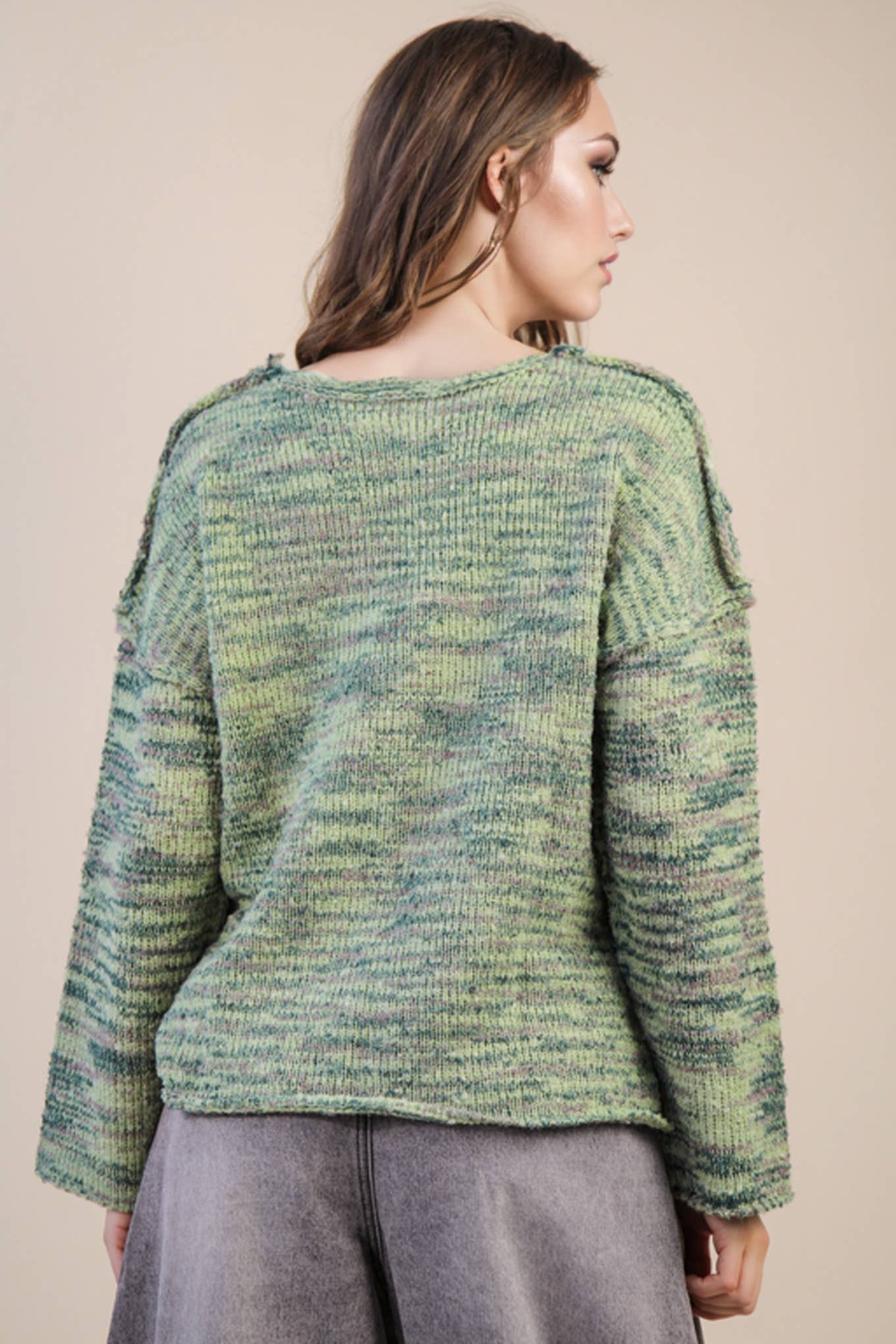 VERY J - 12W3270N-Oversized Casual Multi Color Knit Sweater Top