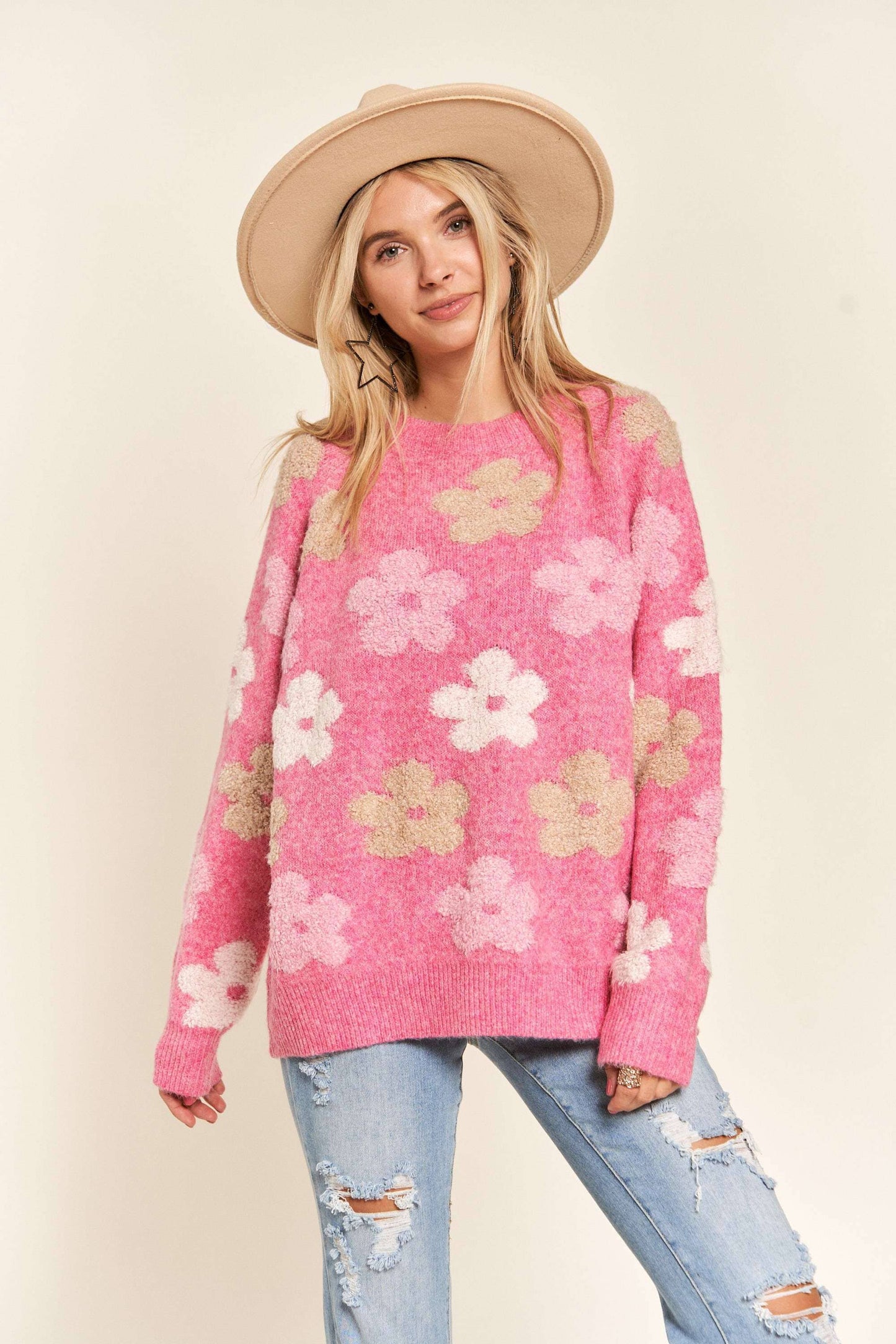 Madelyn - LESW3187- FLORAL POPPED SWEATER TOP