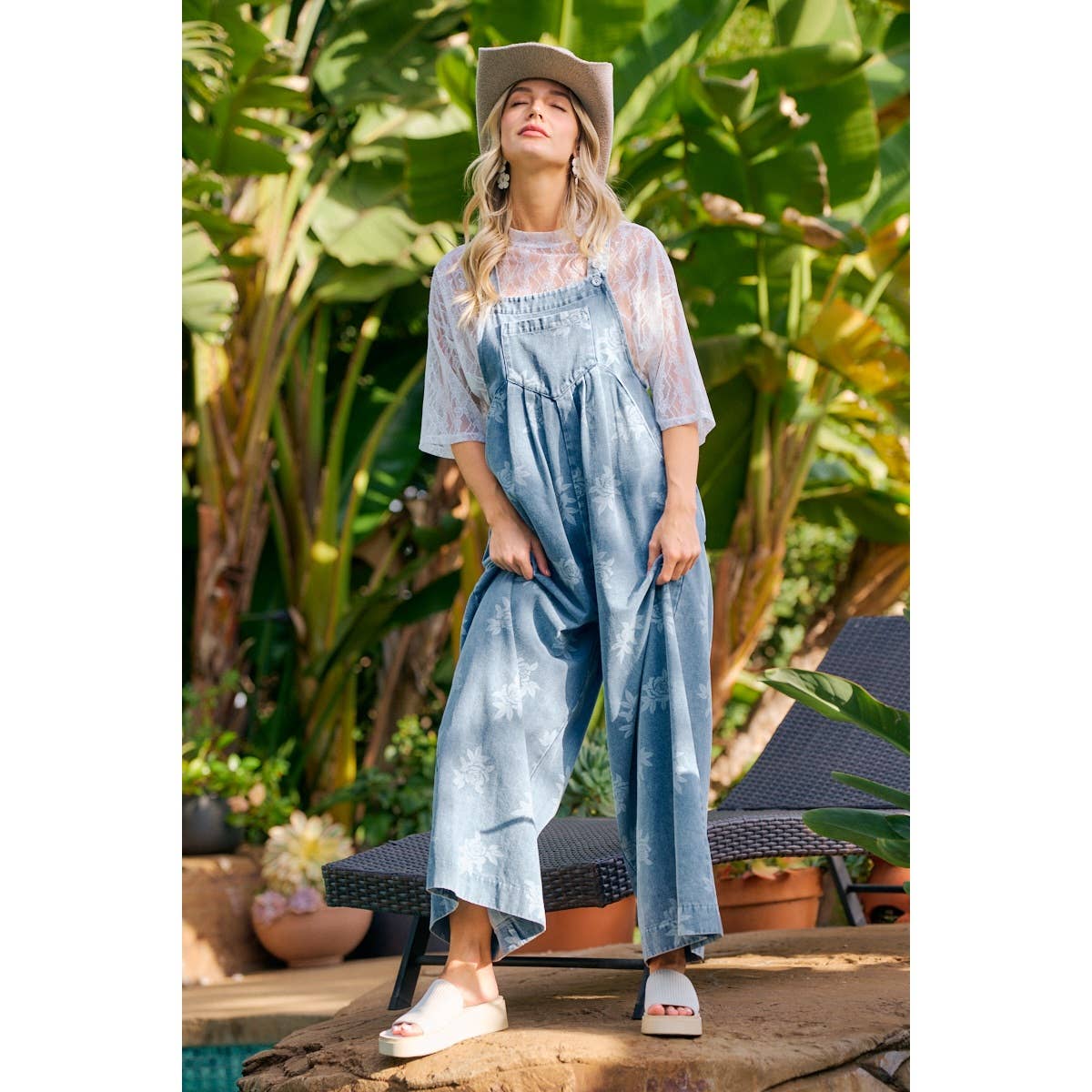 BiBi - ROSE PRINTED WASHED DENIM OVERALLS WITH PLEATS