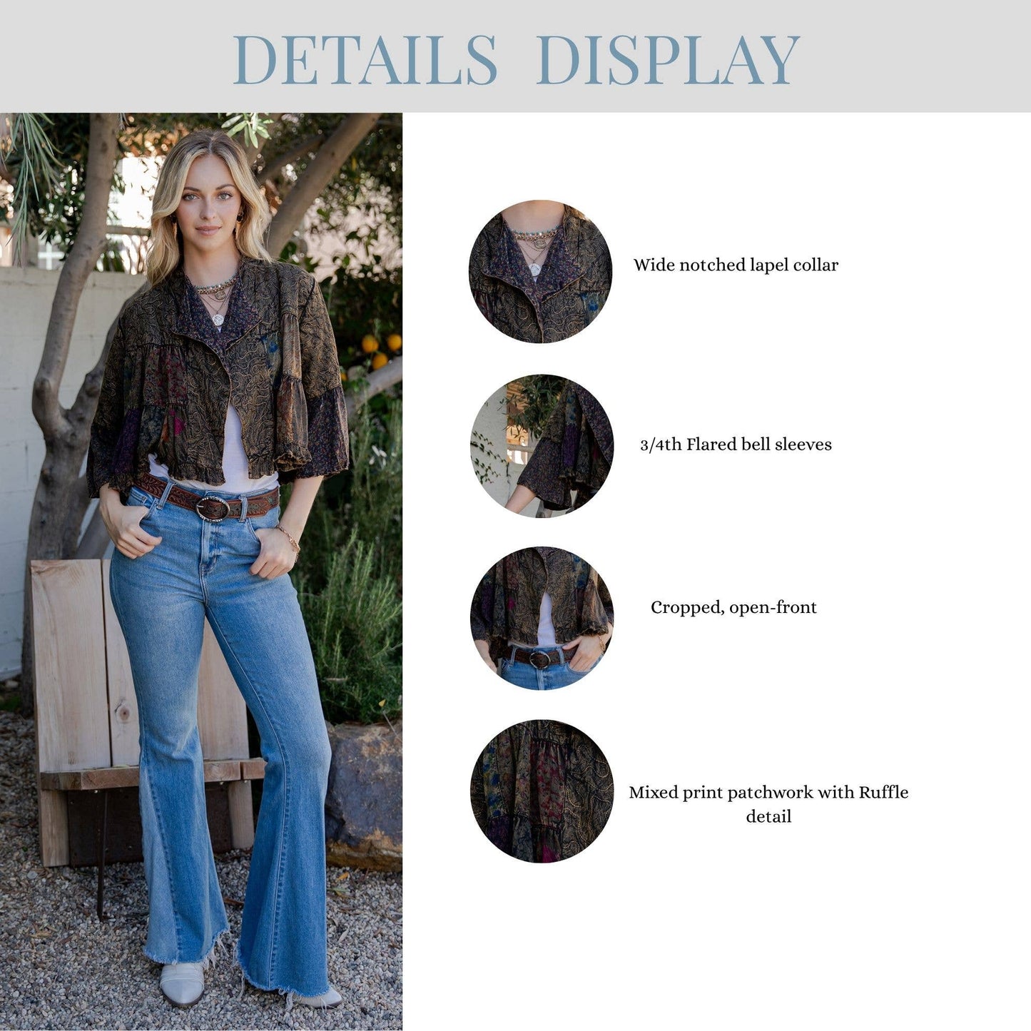 Young Threads - Lapel Detail Cropped Top with Handcrafted Boho Embroidery