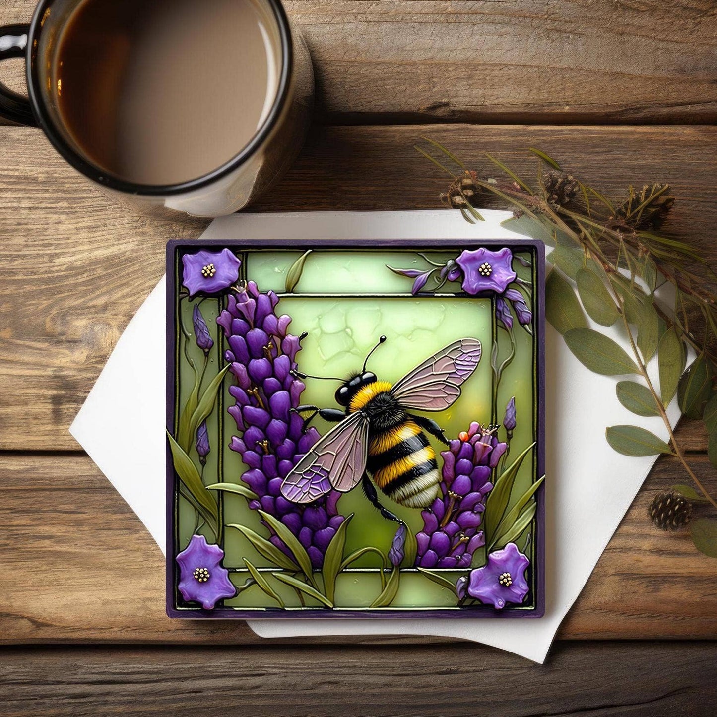 Fernville Creations - Bee & Lavender Ceramic Coaster with Cork Back for Home Decor