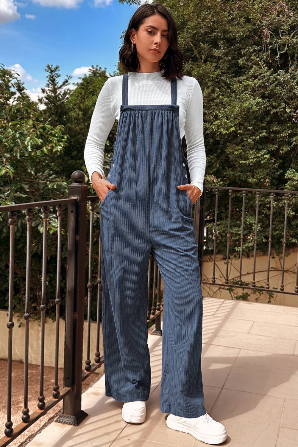 1 the Woman - Morn Solid Pocketed Loose Fit Corduroy Overall