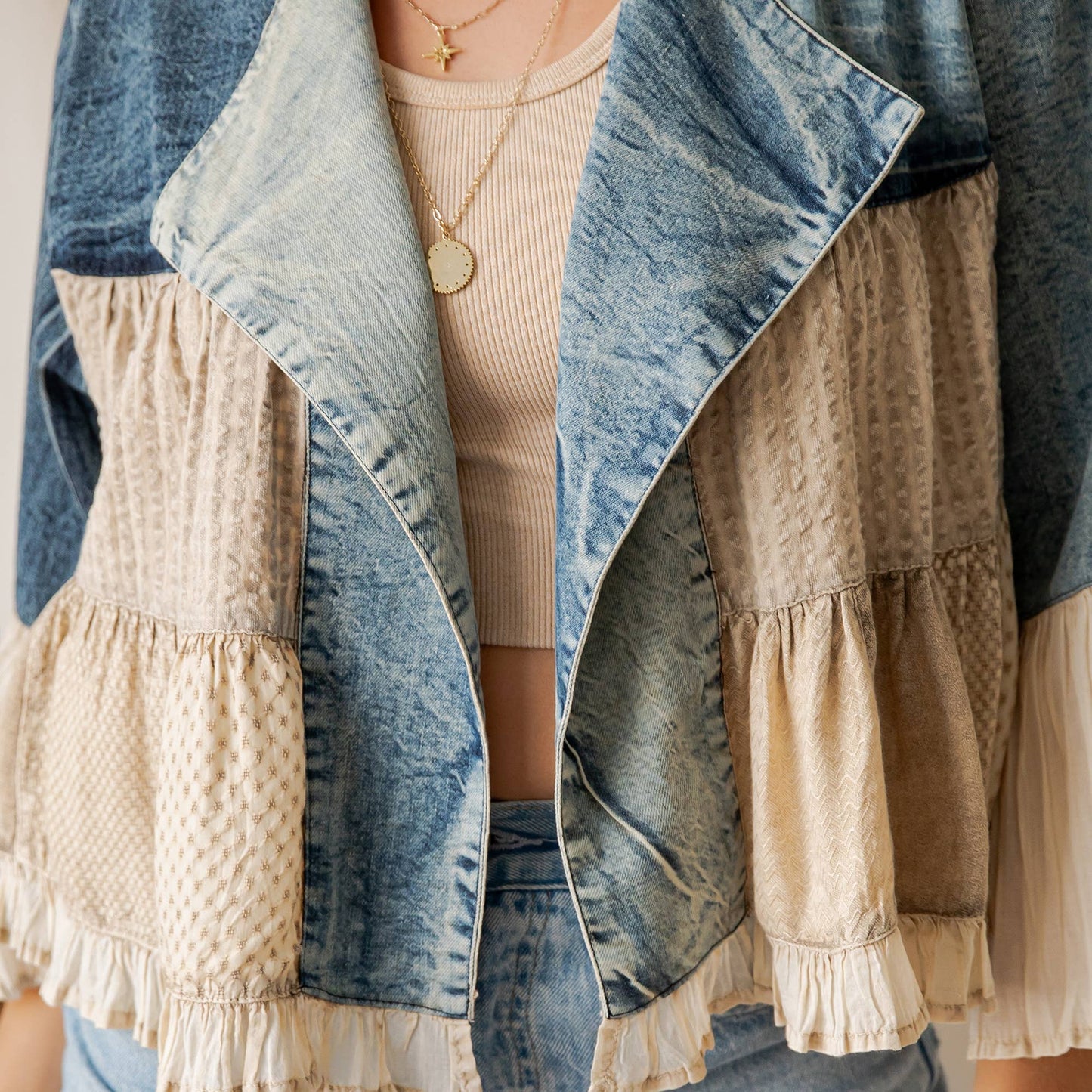 Young Threads - Lapel Detail Cropped Top with Handcrafted Boho Embroidery