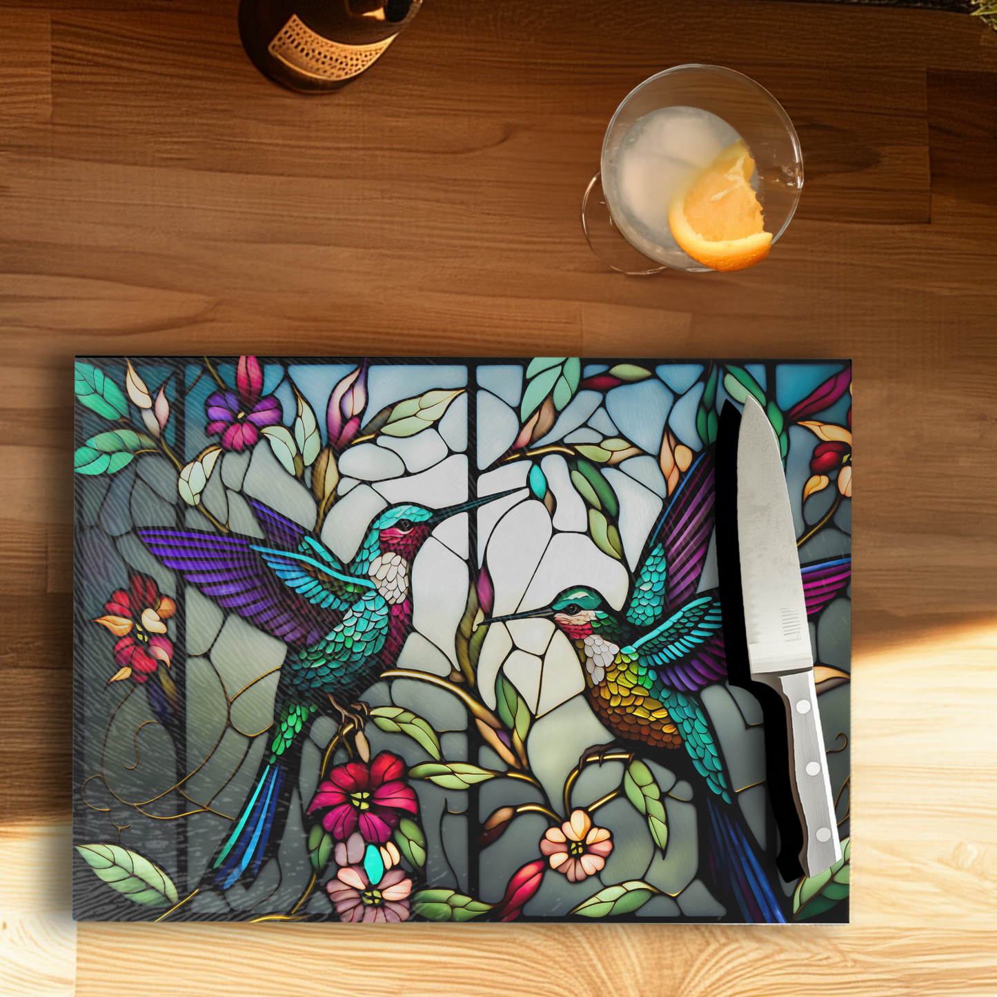 Fernville Creations - Tempered Glass Cutting Board: Hummingbird Charcuterie Tray