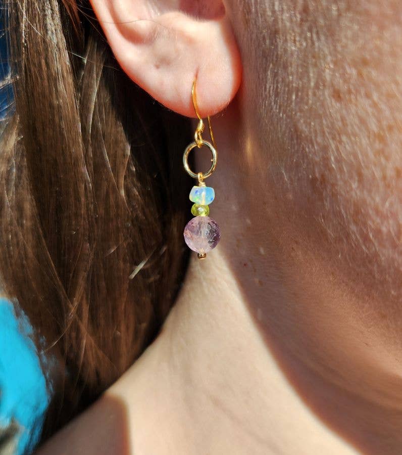 Edgy Petal Jewelry - Light Amethyst, Peridot and Ethiopian Opal Gold Ringlet Earrings