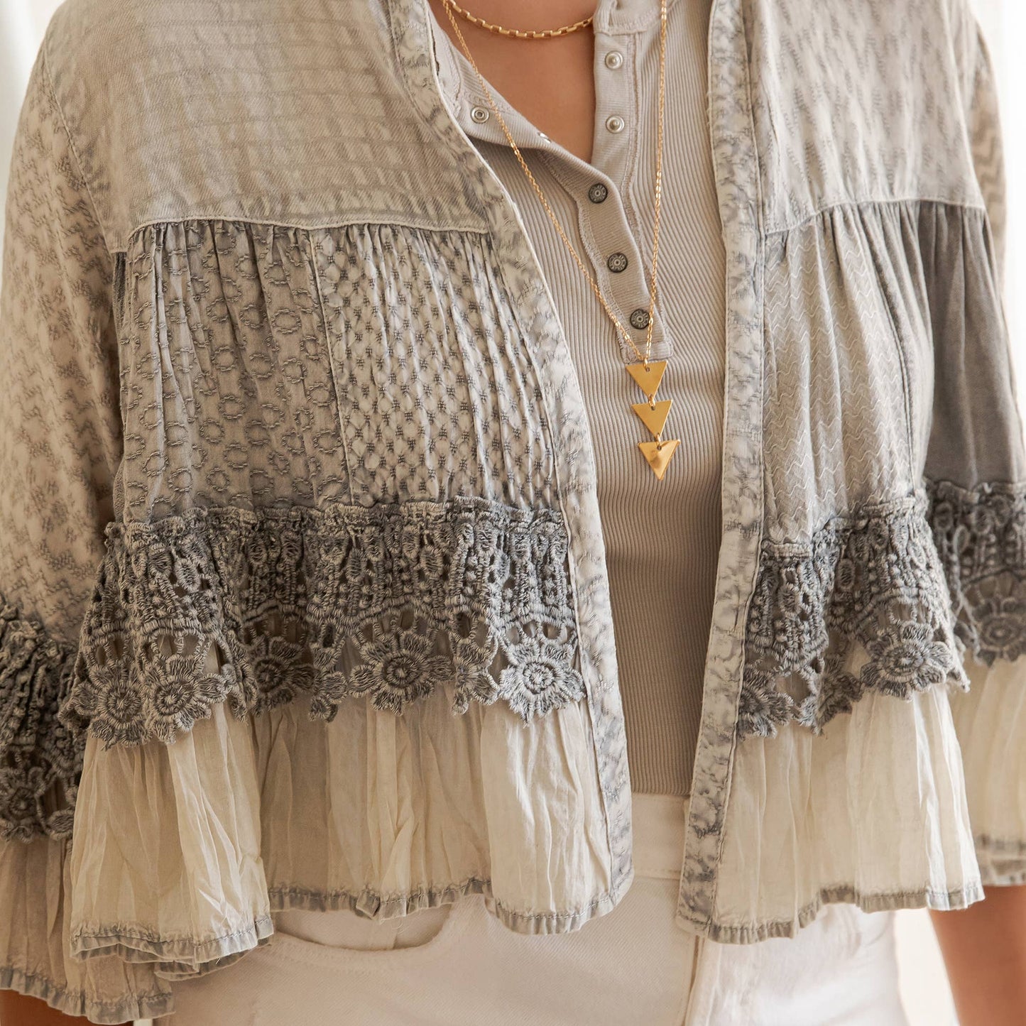 Young Threads - Mineral Wash Tiered Crochet Lace Open Front Shrug - 3 Colors