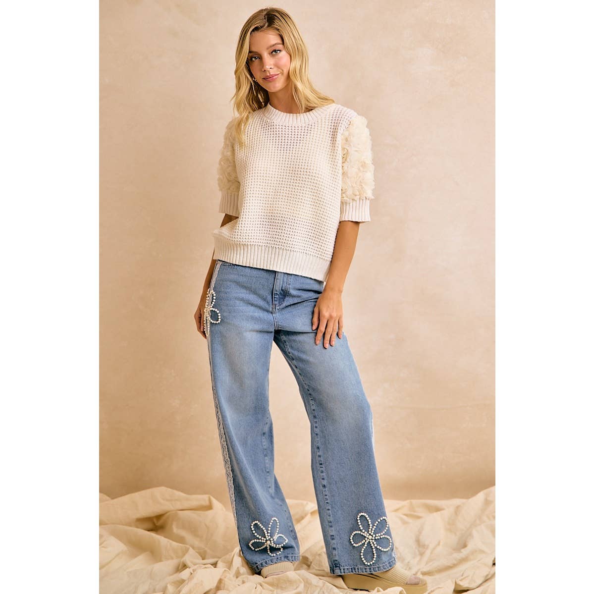 BiBi - LACE TRIM PEARL FLORAL WIDE LEG JEANS