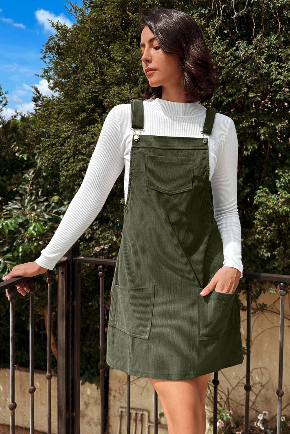 Solid Front Pockets Sleeveless Corduroy Overall Dress