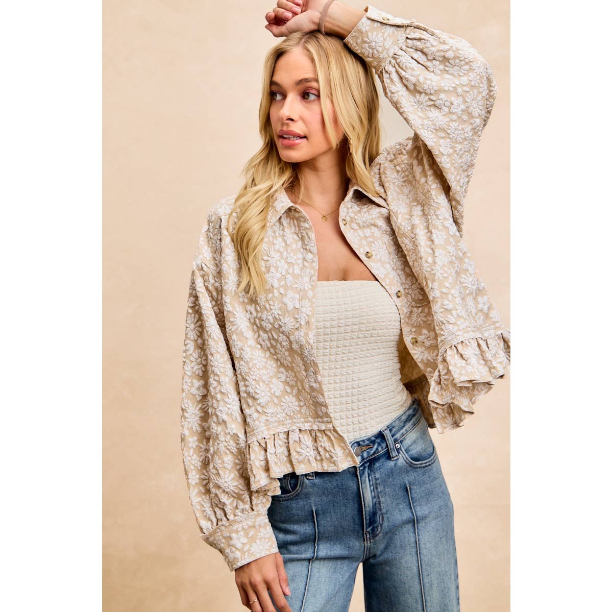 BiBi - TEXTURED FLORAL PATTERN RUFFLED HEM SHIRT TOP