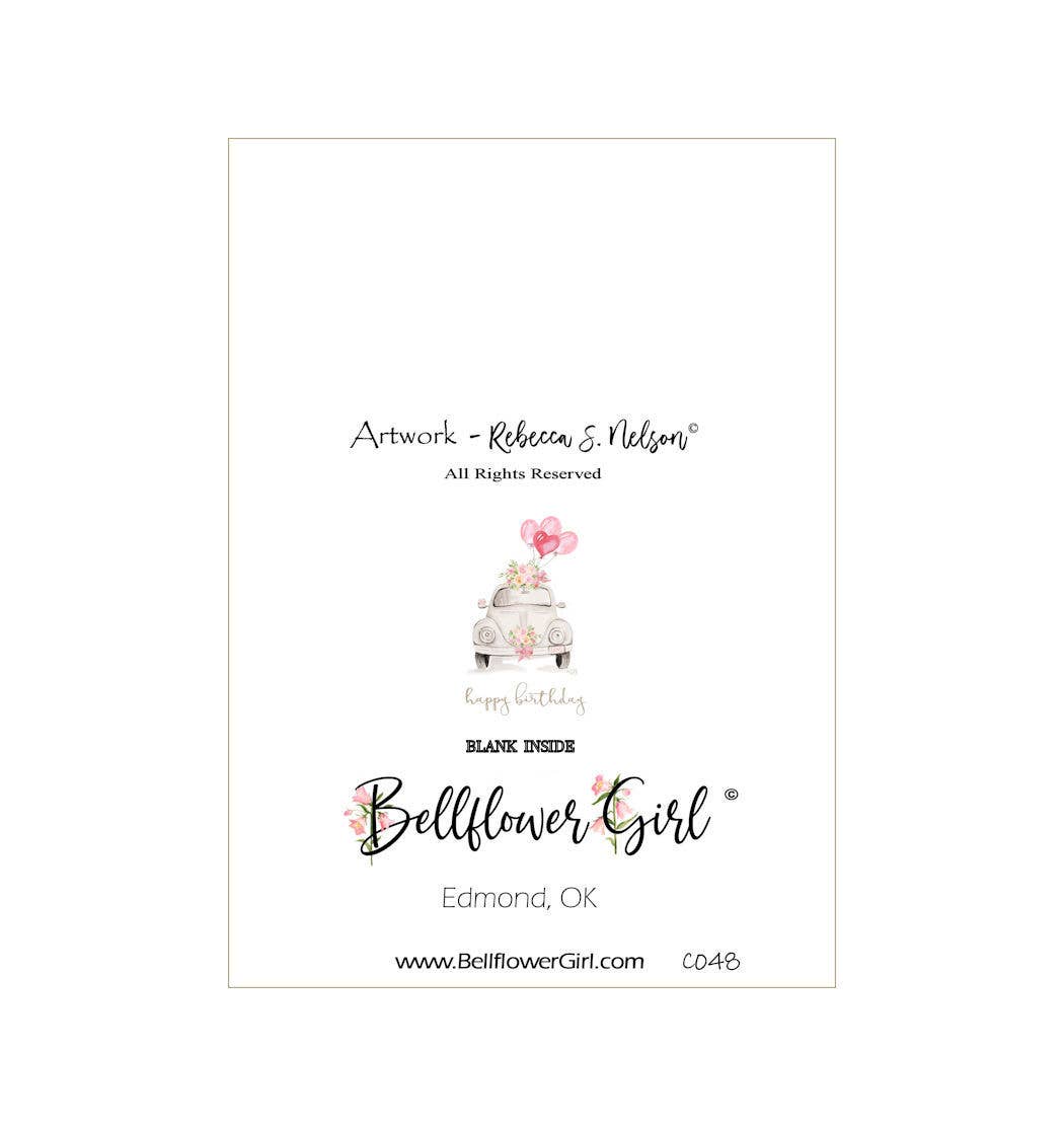 Bellflower Girl - Happy Birthday - Watercolor - VW Bug Pink Balloons Card