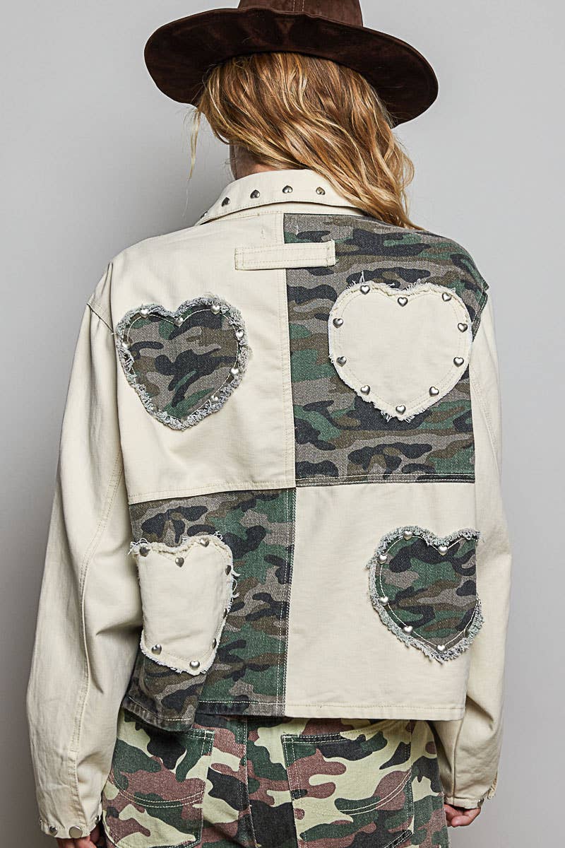 Pol Clothing - Heart-Shaped Patch Pockets Texture Stud Collar Woven Jacket