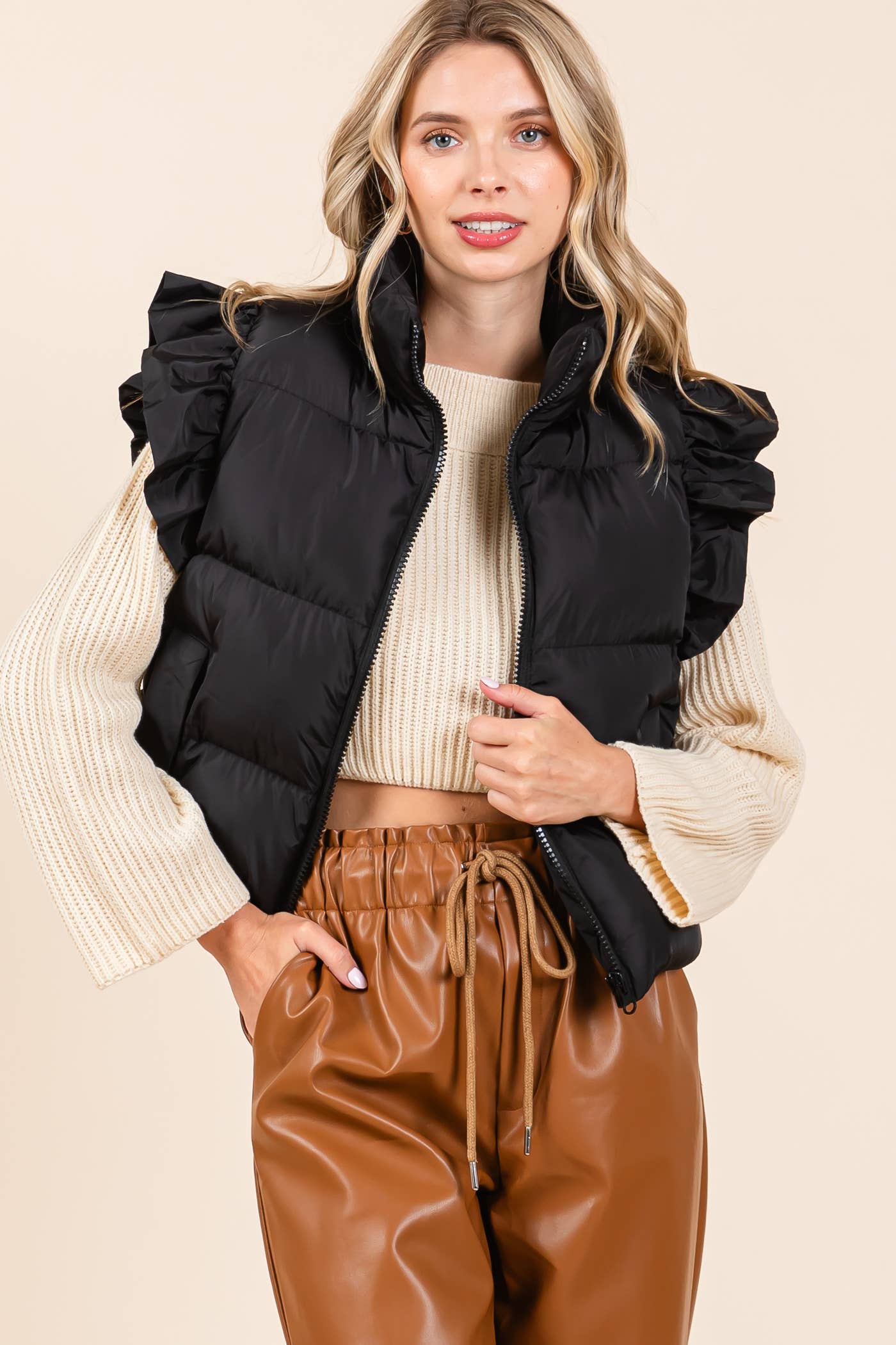 GeeGee Clothing - Ruffled Sleeve Puffer Vest, MJ4501