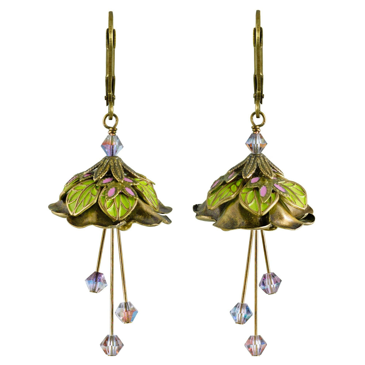NoMonet - Flower Fairy: Painted Whimsical Lily Pad Earrings w Crystals