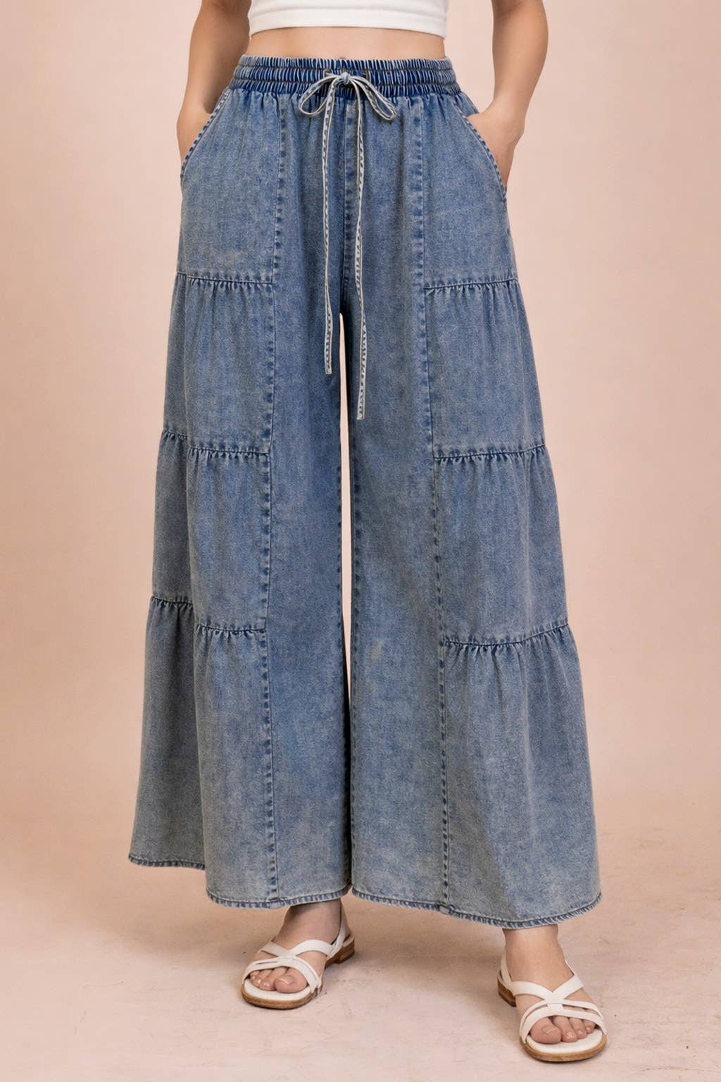 VERY J - NP70989-Tiered Layers Mineral Washed Chambray Pants