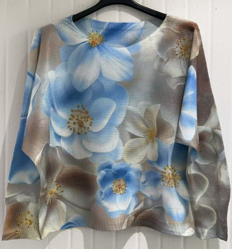 LOOWIE -  COBLU Blue Floral Round Knit Printed Sweater LOOWIE