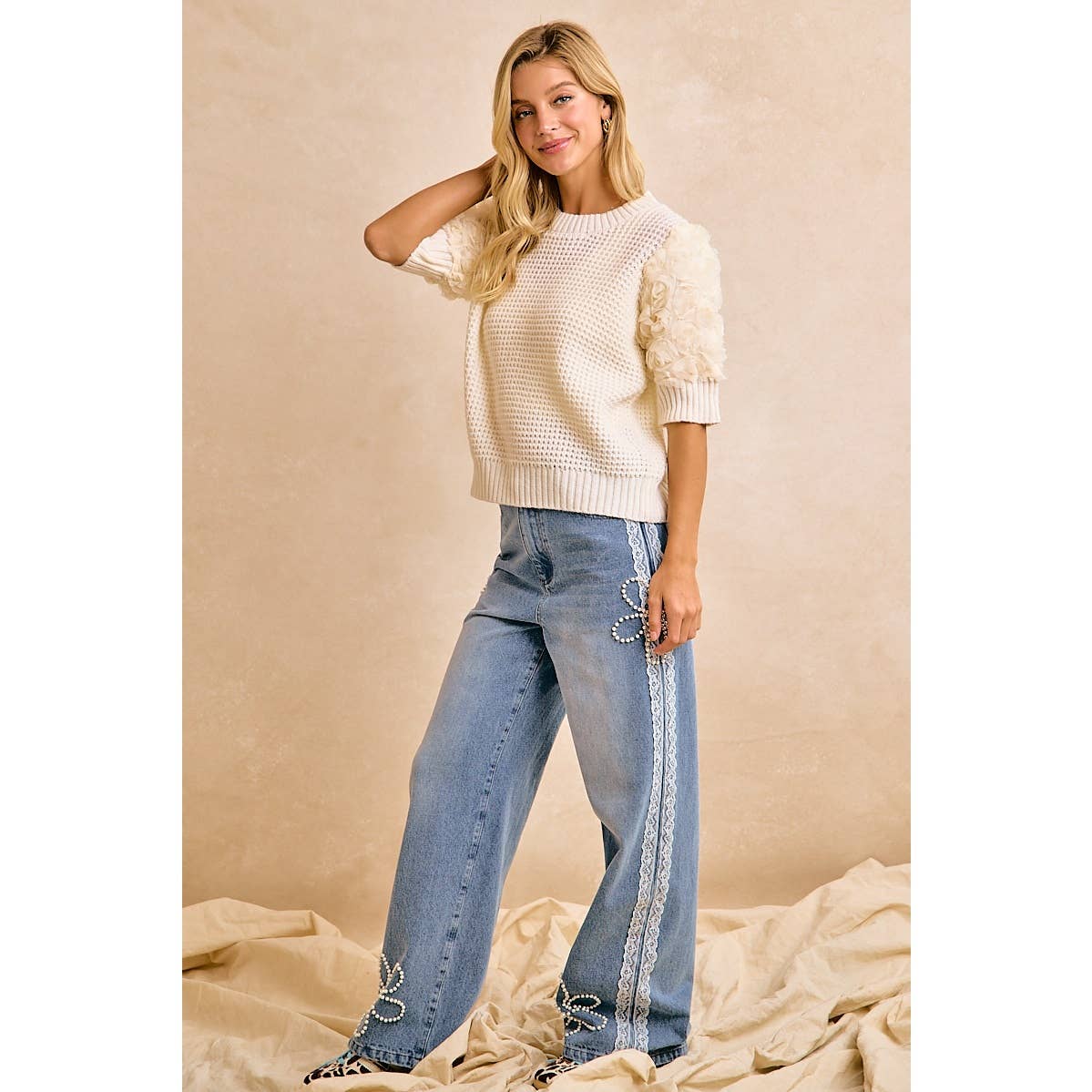 BiBi - LACE TRIM PEARL FLORAL WIDE LEG JEANS
