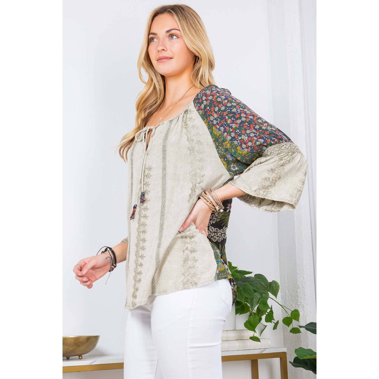 Young Threads - Enchanting Whimsy Overdyed Rayon Peasant Top With Embroidery