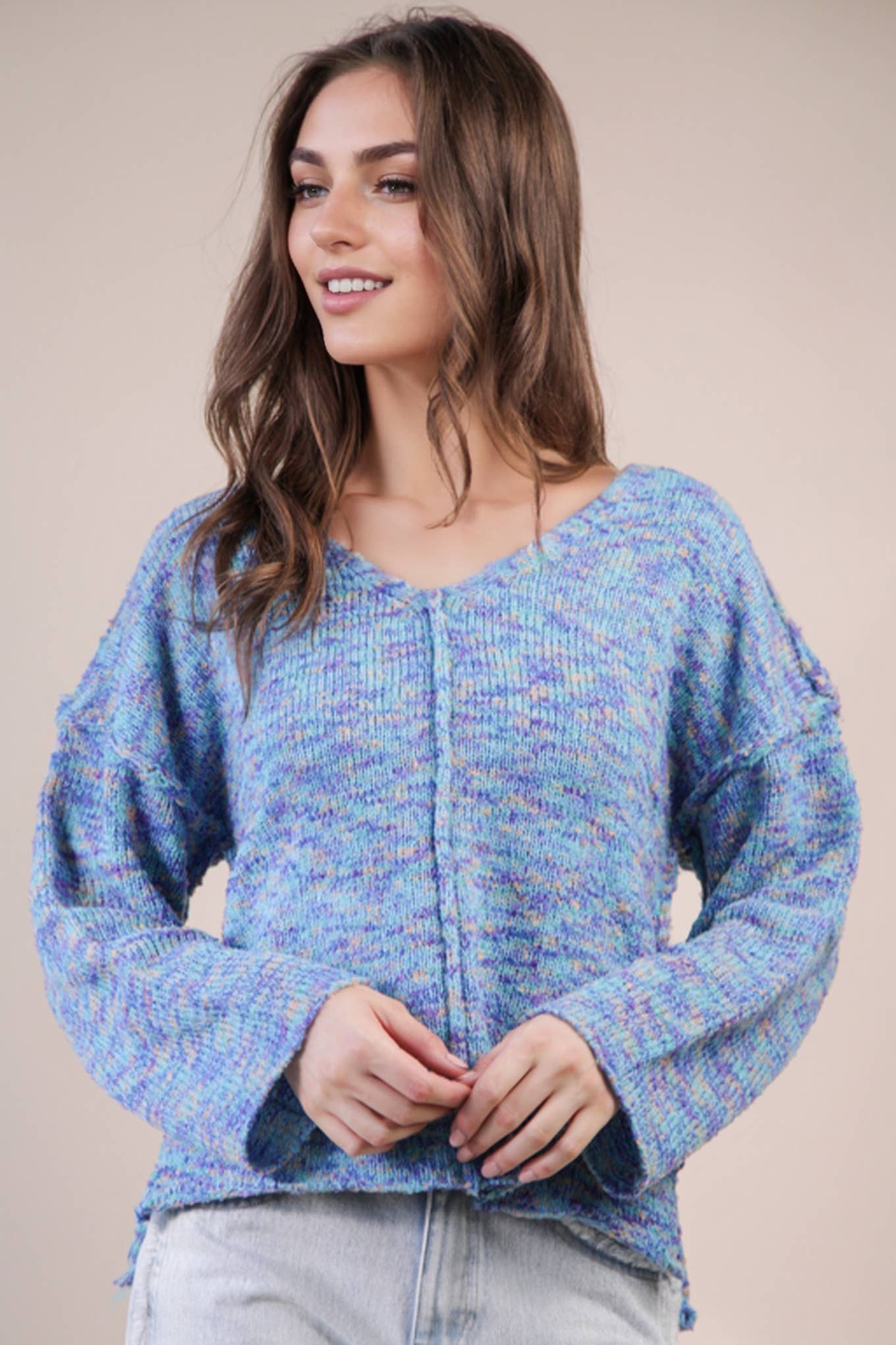 VERY J - 12W3270N-Oversized Casual Multi Color Knit Sweater Top