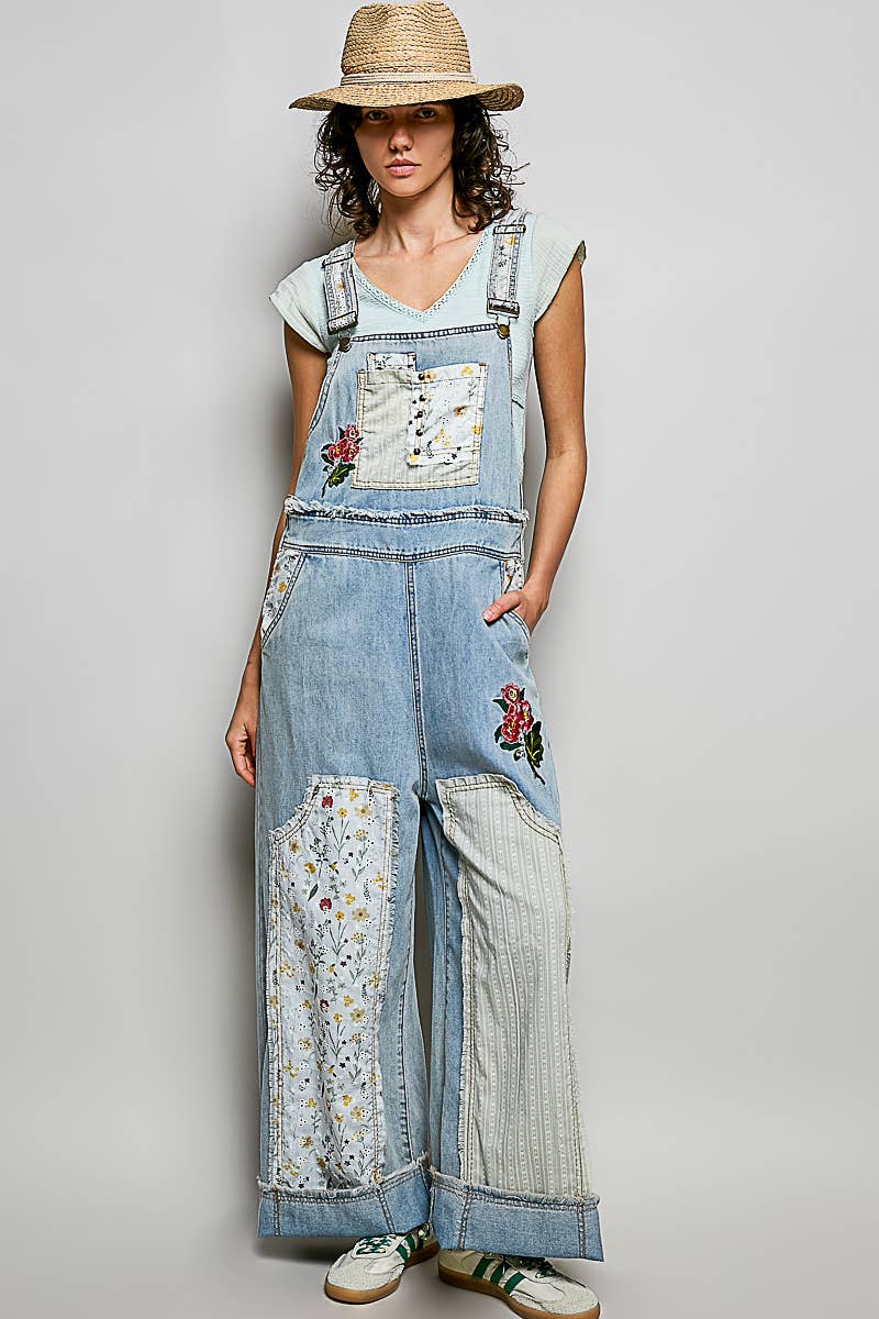 Pol Clothing - Oversized Fit Floral Patchwork Embroidery Overall