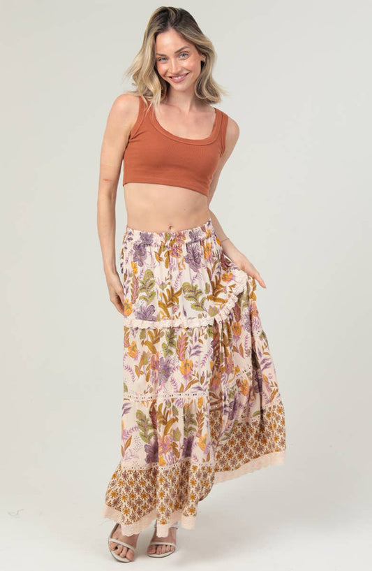 ANGIE - 26P74-FQ19 TIERED LACE TRIM MAXI SKIRT WITH SIDE SLIT