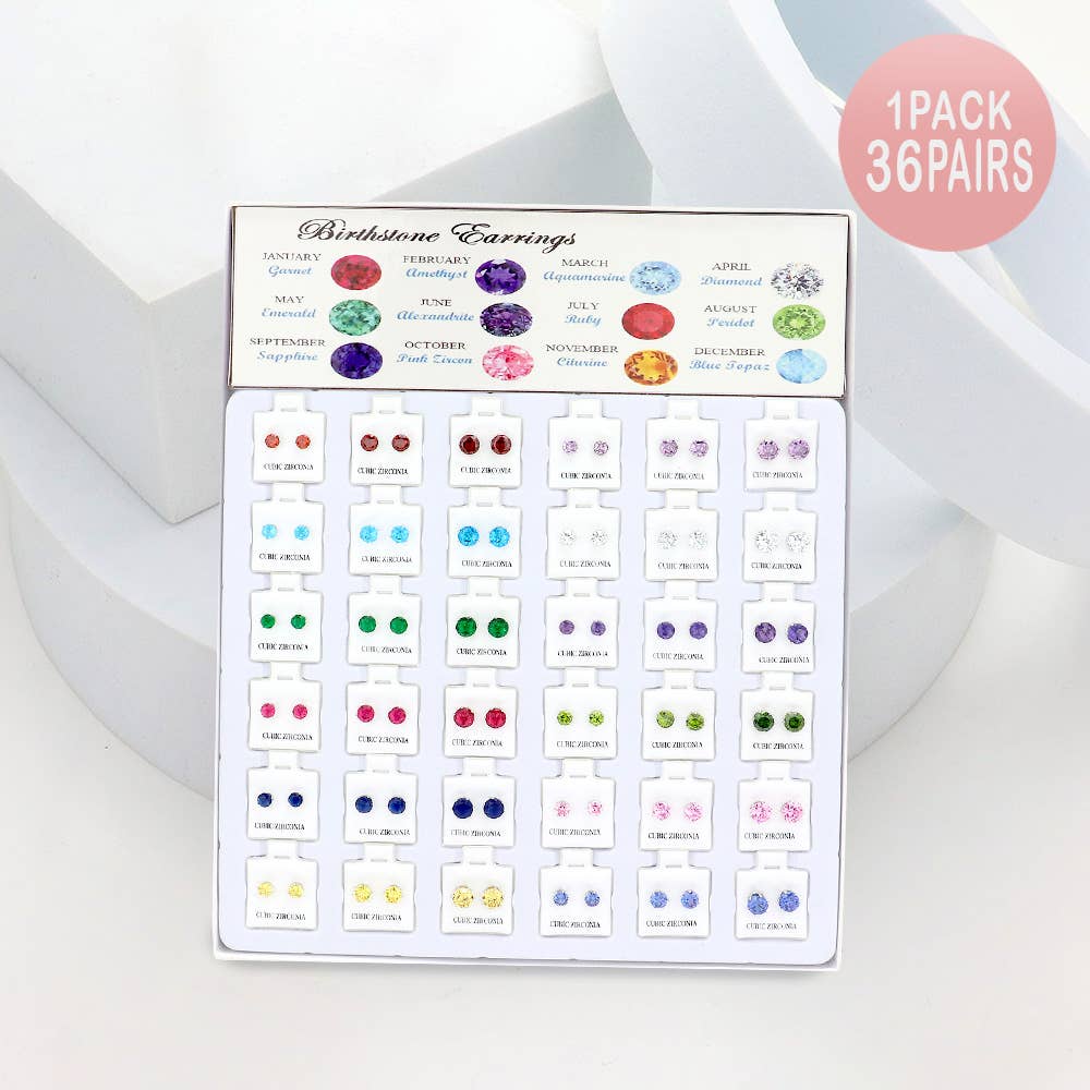 Sensibling Corp. - 36Pairs - CZ Birthstone Stud Earrings