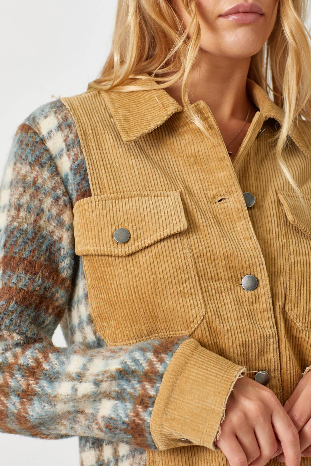 Mystree - 60213 Plaid Sleeve Corduroy Jacket