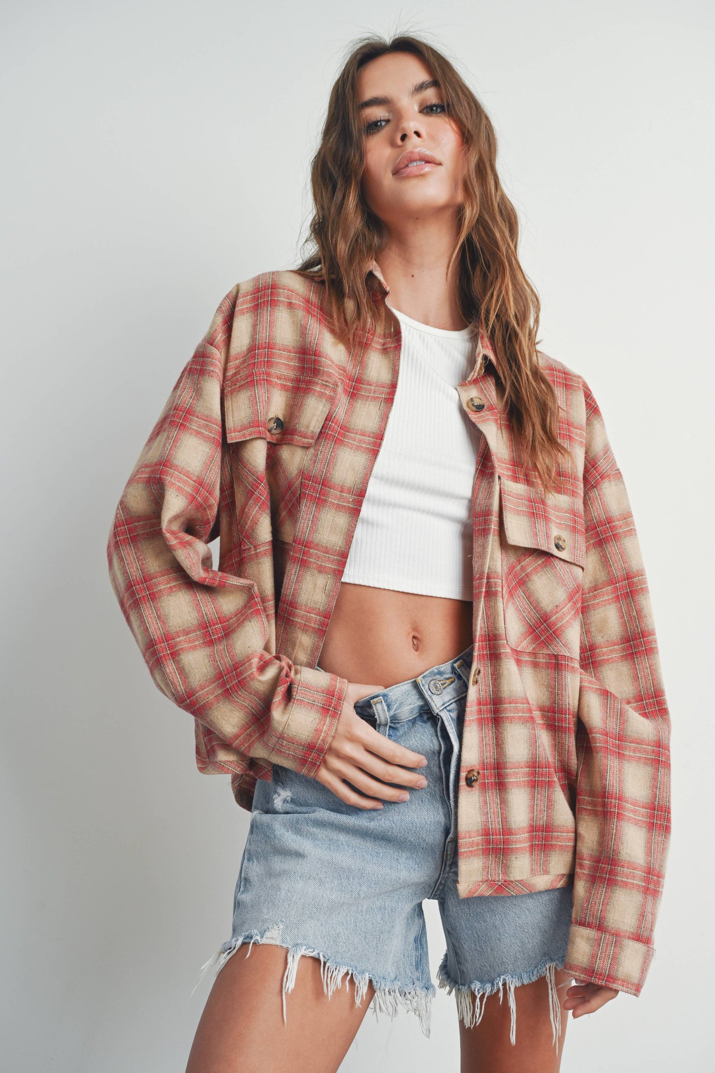 BUTTERMELON - Plaid Long-Sleeve Shirt Jacket - BMJ7328
