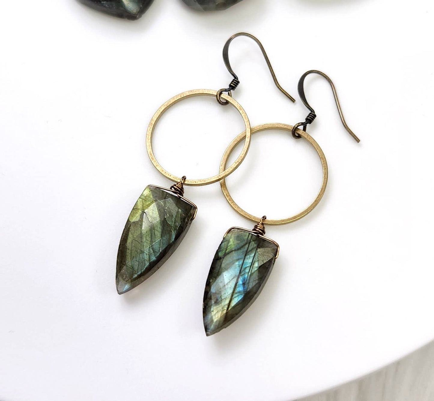 Edgy Petal Jewelry - Labradorite Shield Stone Hoop Earrings