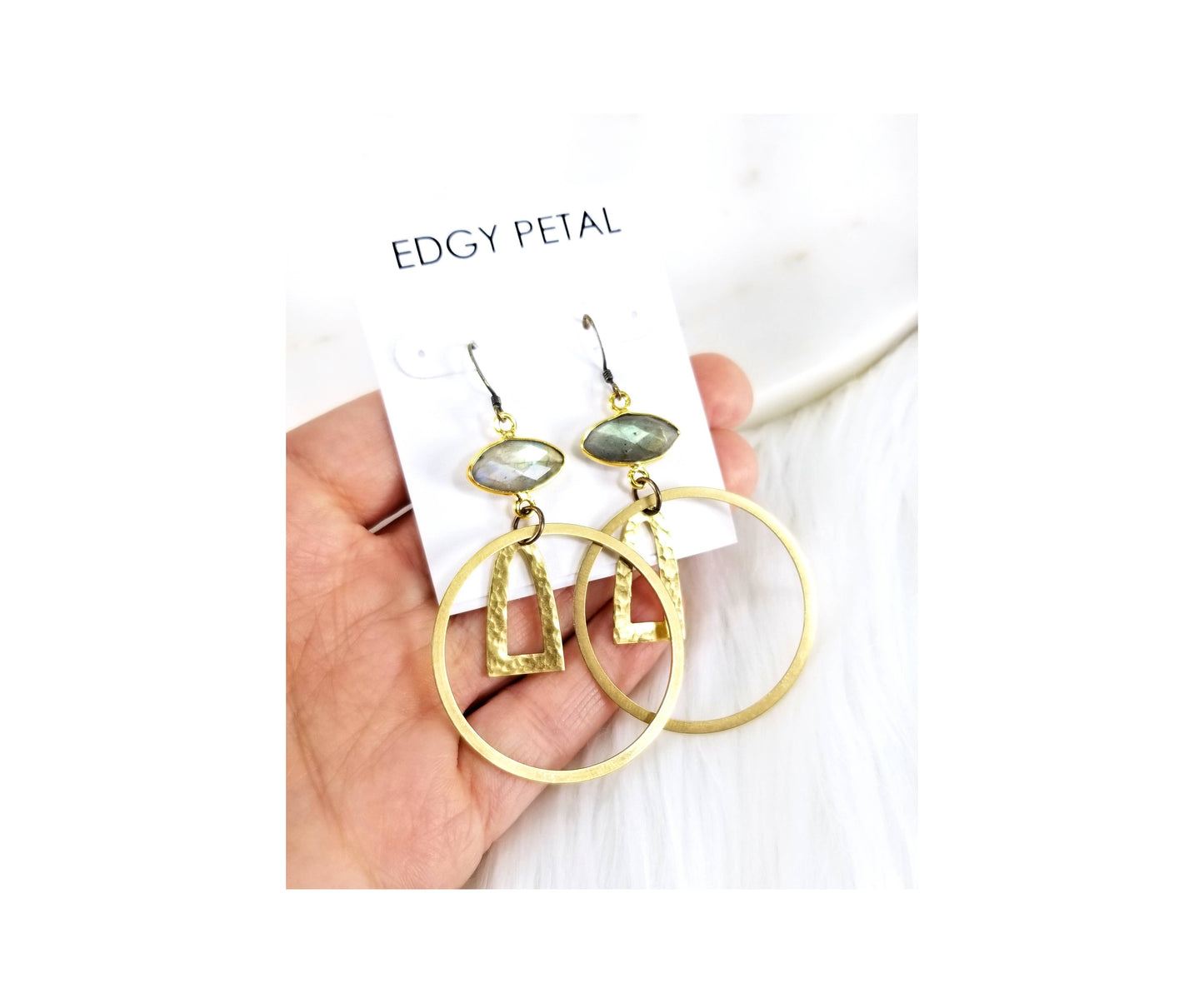 Edgy Petal Jewelry - Labradorite Stone Earrings with Circle