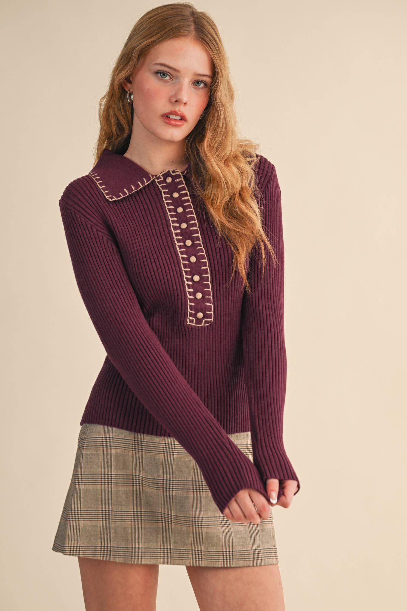 &MERCI - COLLARED RIBBED SWEATER WITH CONTRAST STITCH MSW11233