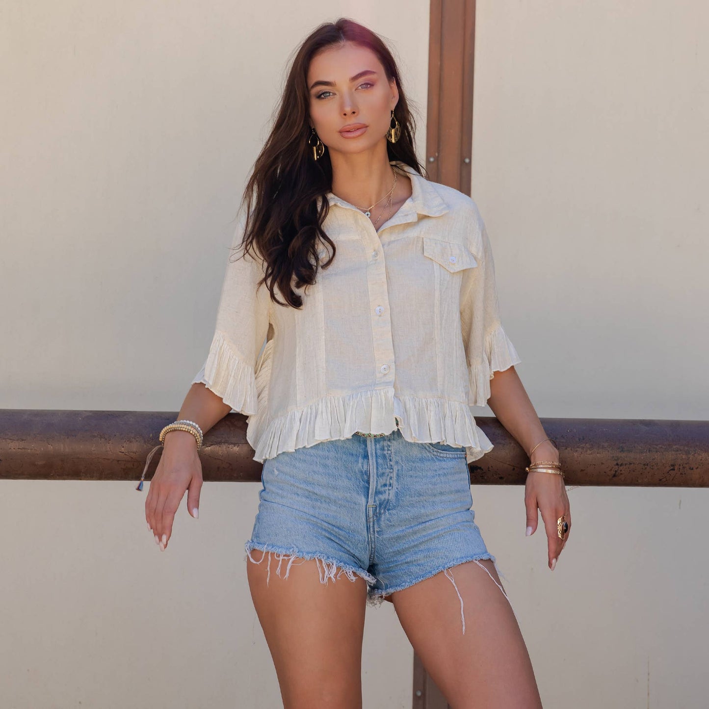 Young Threads - Distressed Denim Crop Jacket with Ruffled Hem