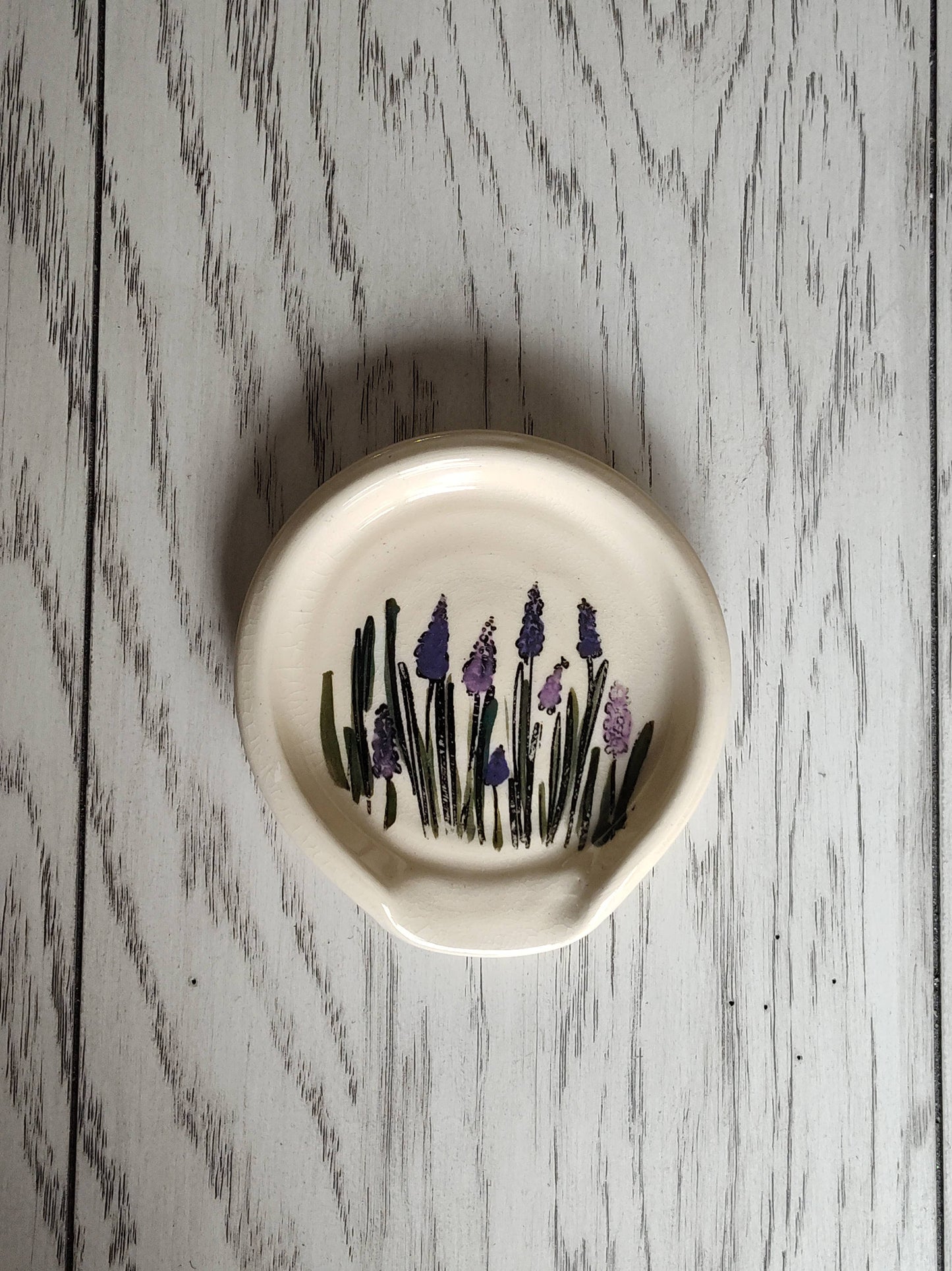 Rise and Design Art Studio - Lavender Floral Spoon Rest – Green & Cream Ceramic Dish