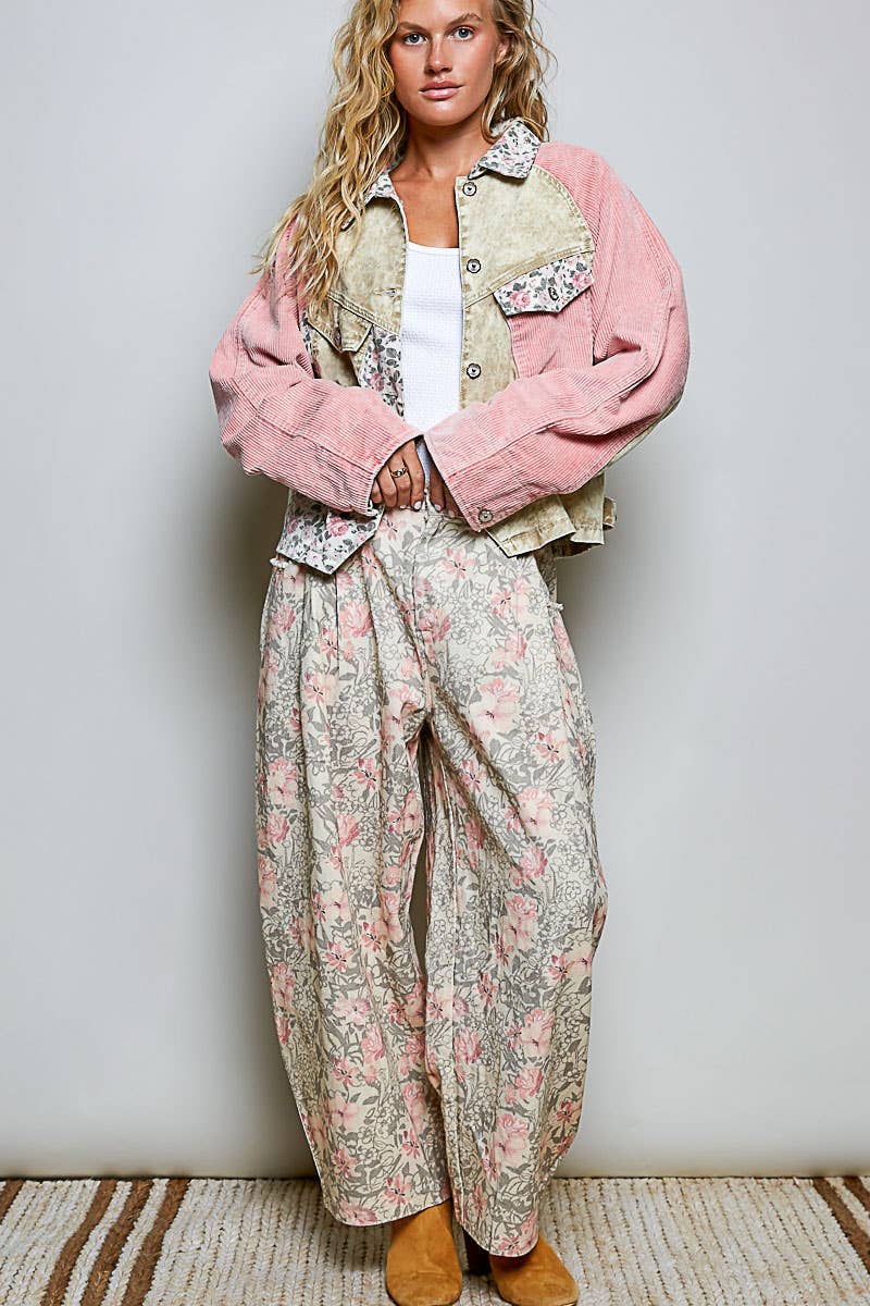 Pol Clothing - Soft Corduroy Sleeves Contrast Cropped Patchwork Jacket