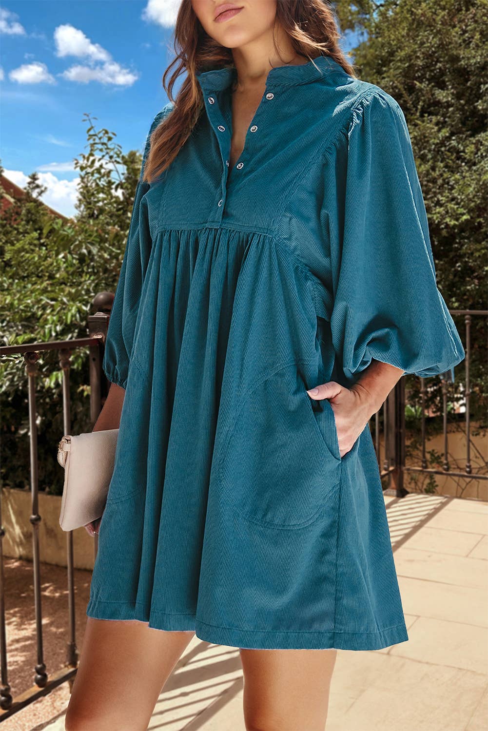 1 the Woman - Corduroy Snap Buttons Empire Waist Bracelet Sleeve Dress 1 the Woman - Corduroy Snap Buttons Empire Waist Bracelet Sleeve Dress
