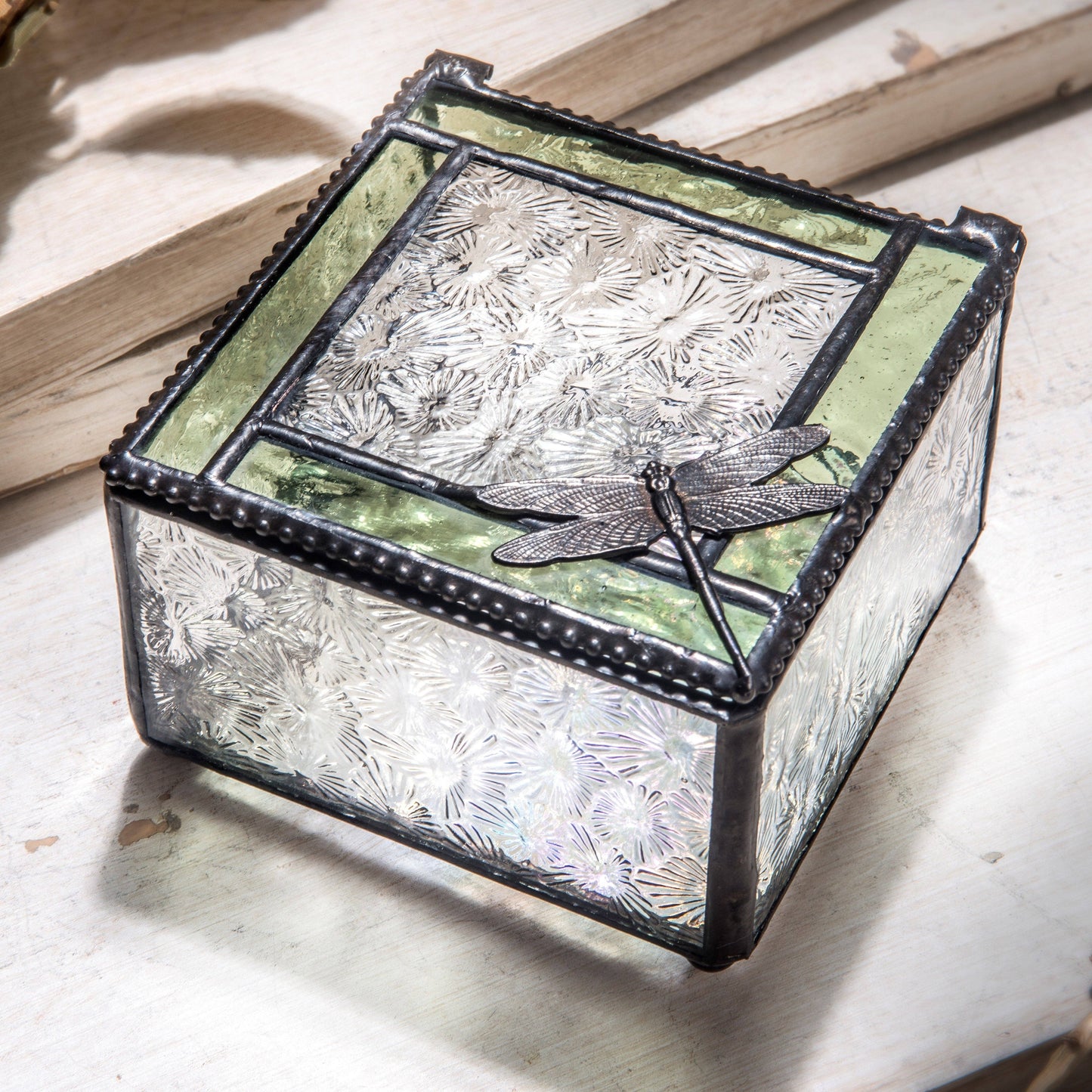 J Devlin Glass Art & Bert Anderson Collection - Box 141 Sage and Clear Florentine Glass Box with Dragonfly Accent
