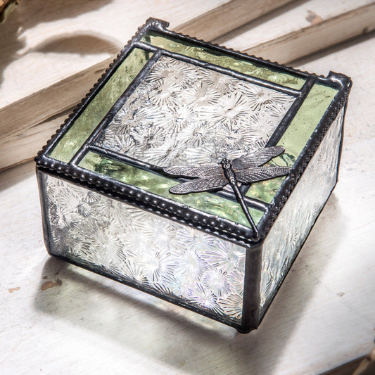 J Devlin Glass Art & Bert Anderson Collection - Box 141 Sage and Clear Florentine Glass Box with Dragonfly Accent