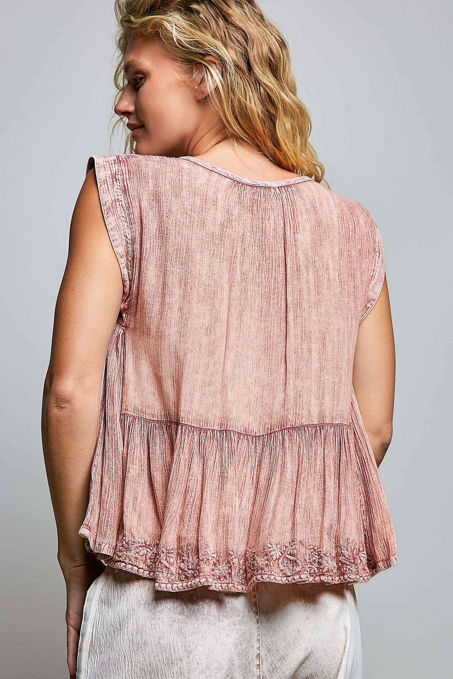 Pol Clothing - V-neck Sleeveless Vintage Washing Solid Linen Woven Top