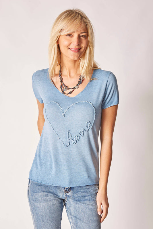 Look Mode Usa - Women’s Light Blue “Amore” Heart T-Shirt