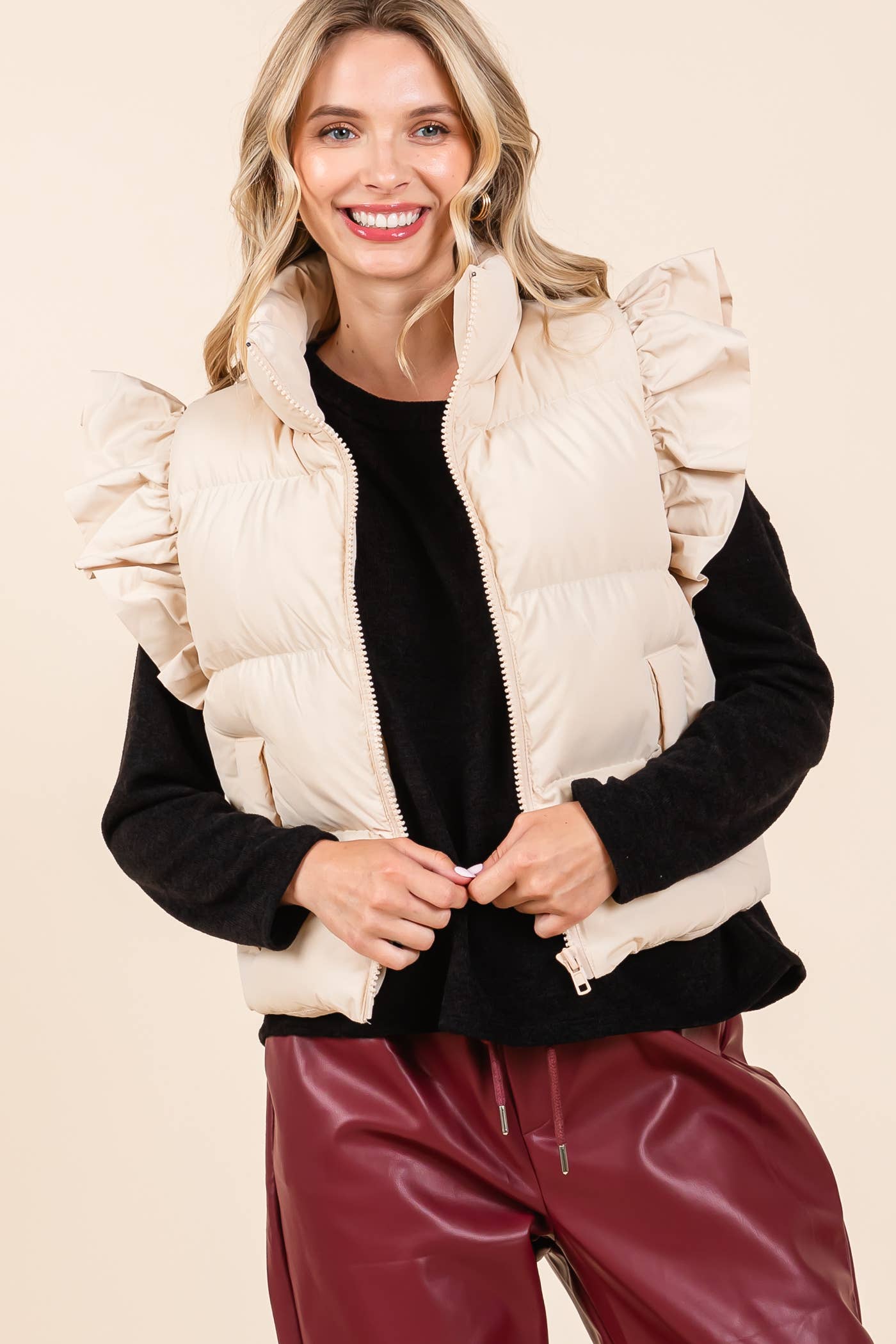 GeeGee Clothing - Ruffled Sleeve Puffer Vest, MJ4501