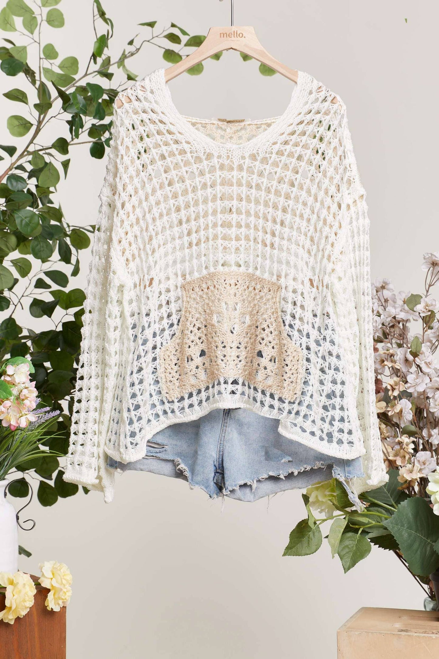 Mello. - Hooded Wide V Neck Crochet Top with Front Pocket