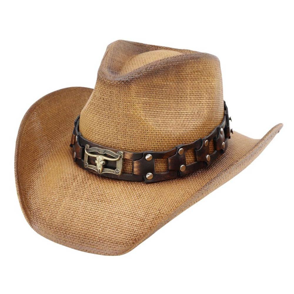 Sensibling Corp. - Longhorn Steer Head Buckle Accent Rugged Studded Band Western Straw Cowboy Hat