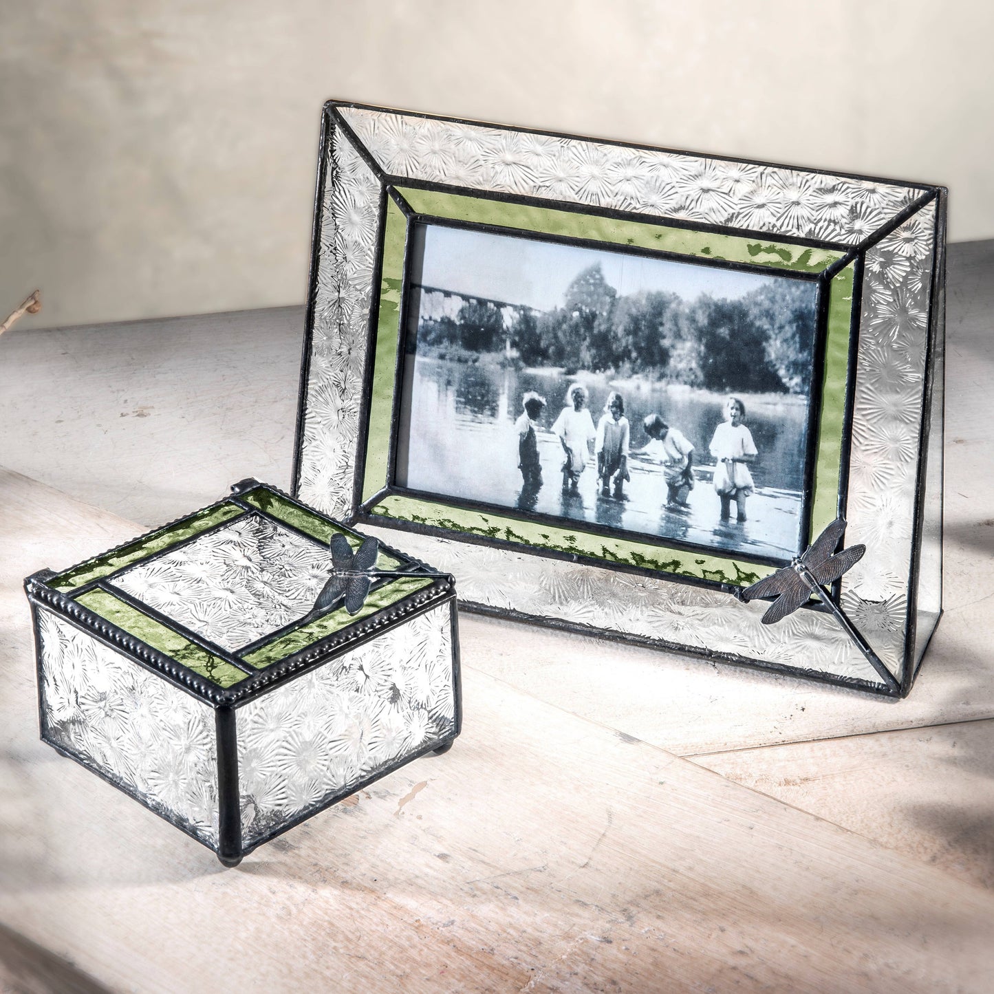 J Devlin Glass Art & Bert Anderson Collection - Box 141 Sage and Clear Florentine Glass Box with Dragonfly Accent
