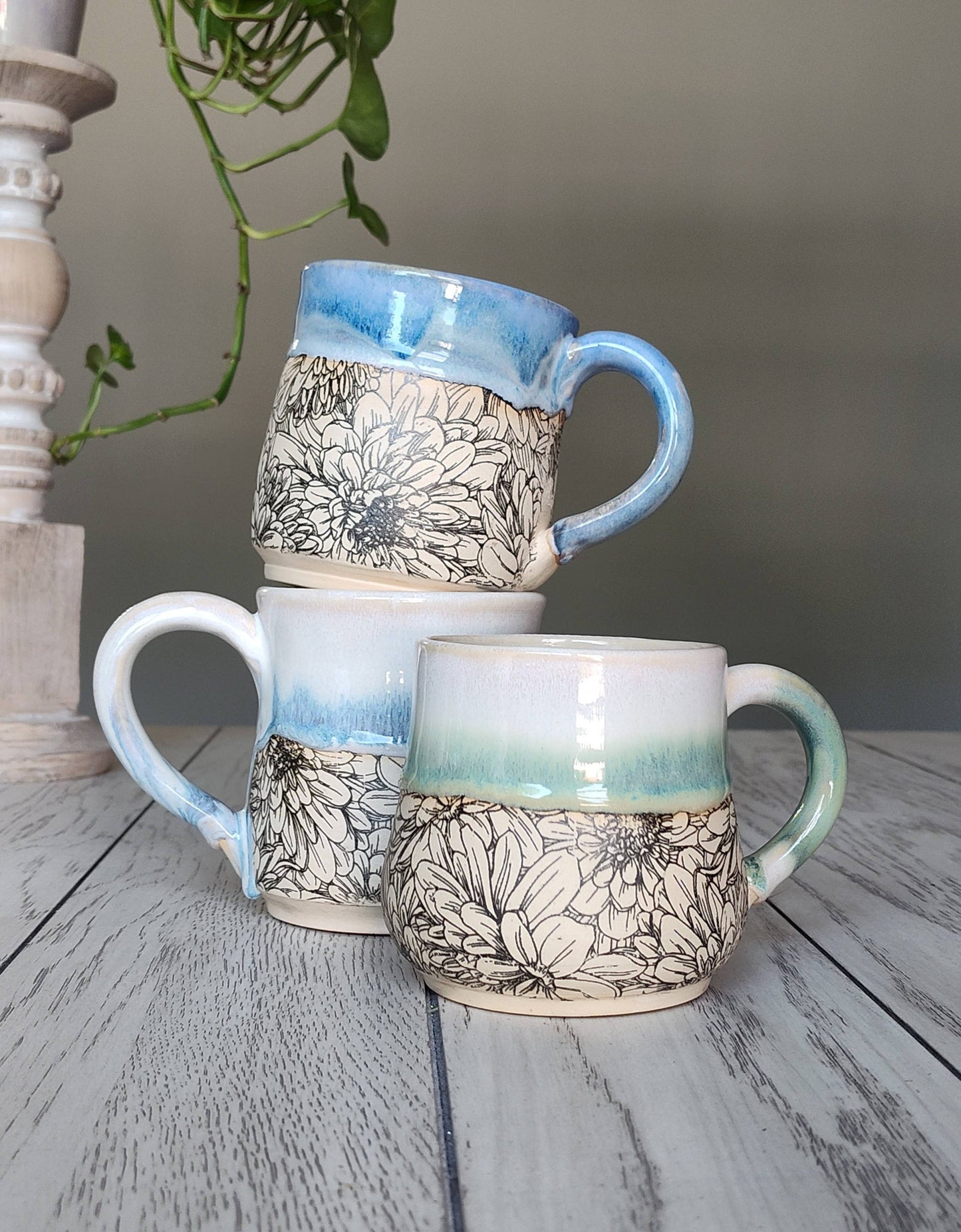 Rise and Design Art Studio - Flower Blue Cream Mug – Handmade Ceramic (12-16 oz)