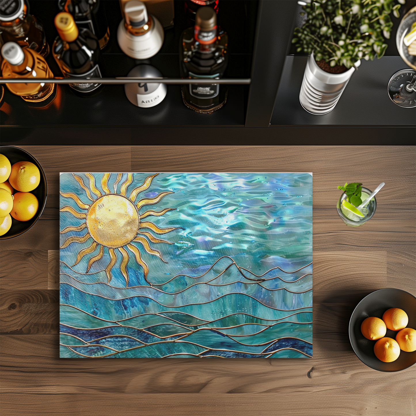 Fernville Creations - Tempered Glass Cutting Board: Ocean Sun Charcuterie Tray