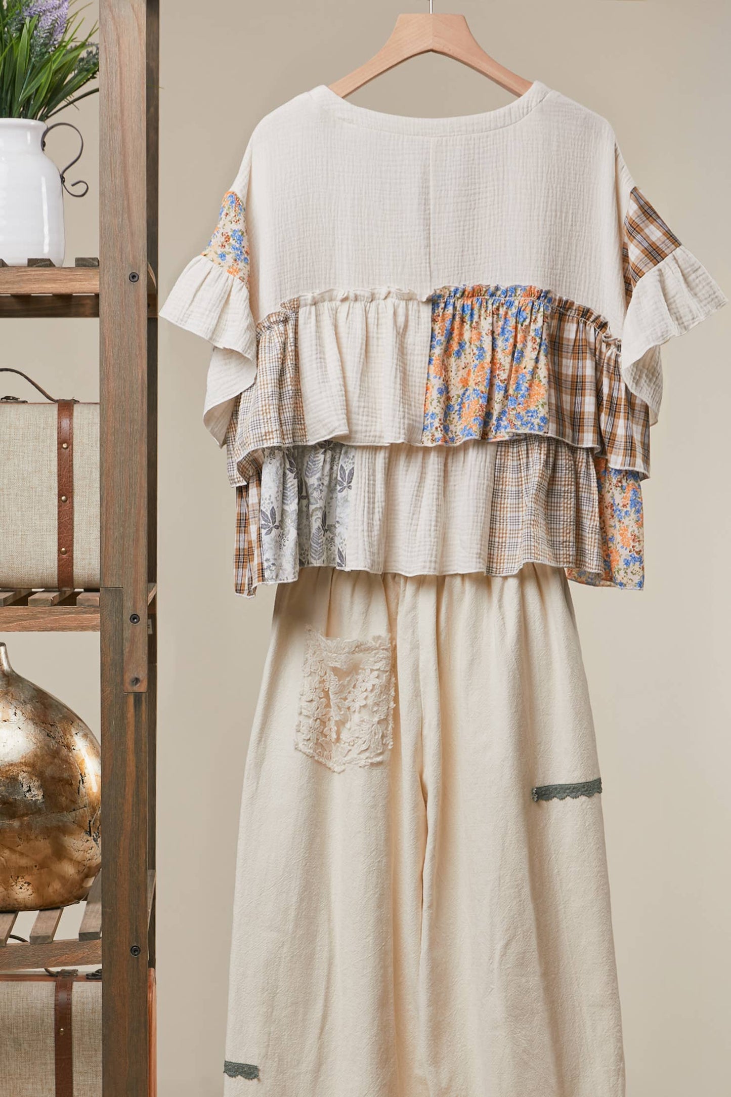 Mello. - Vintage Patchwork Ruffle Hem Top