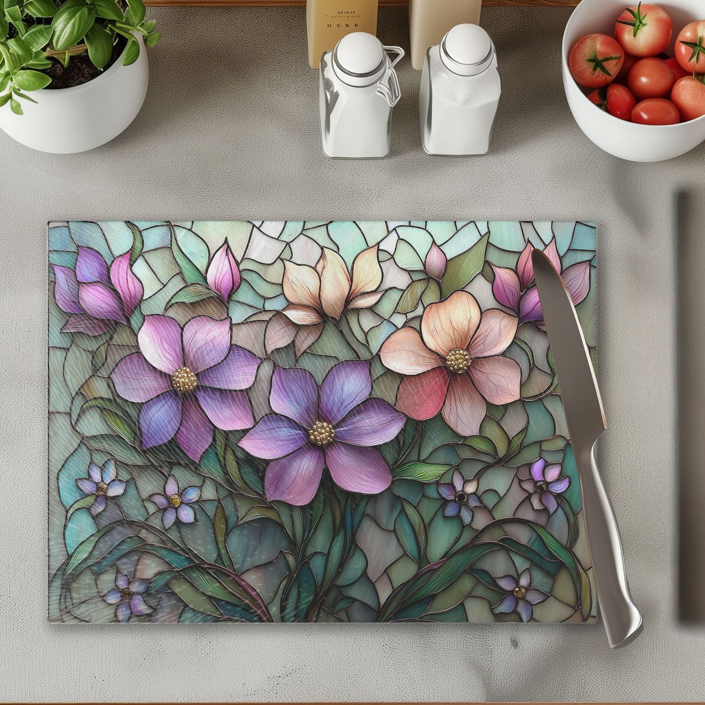 Fernville Creations - Tempered Glass Cutting Board: Floral Charcuterie Tray