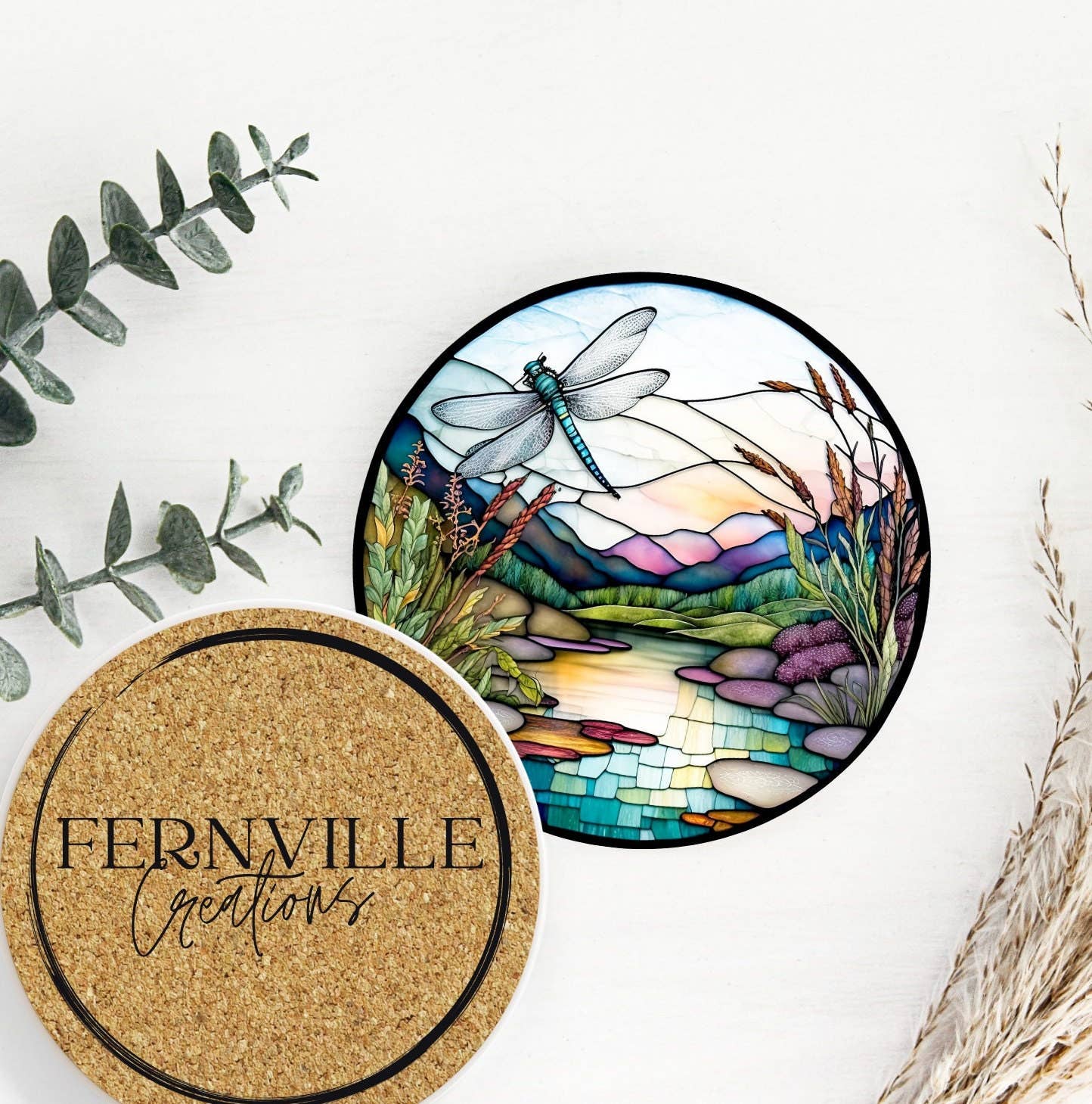 Fernville Creations - Dragonfly Ceramic Coaster: Tabletop Decor Piece