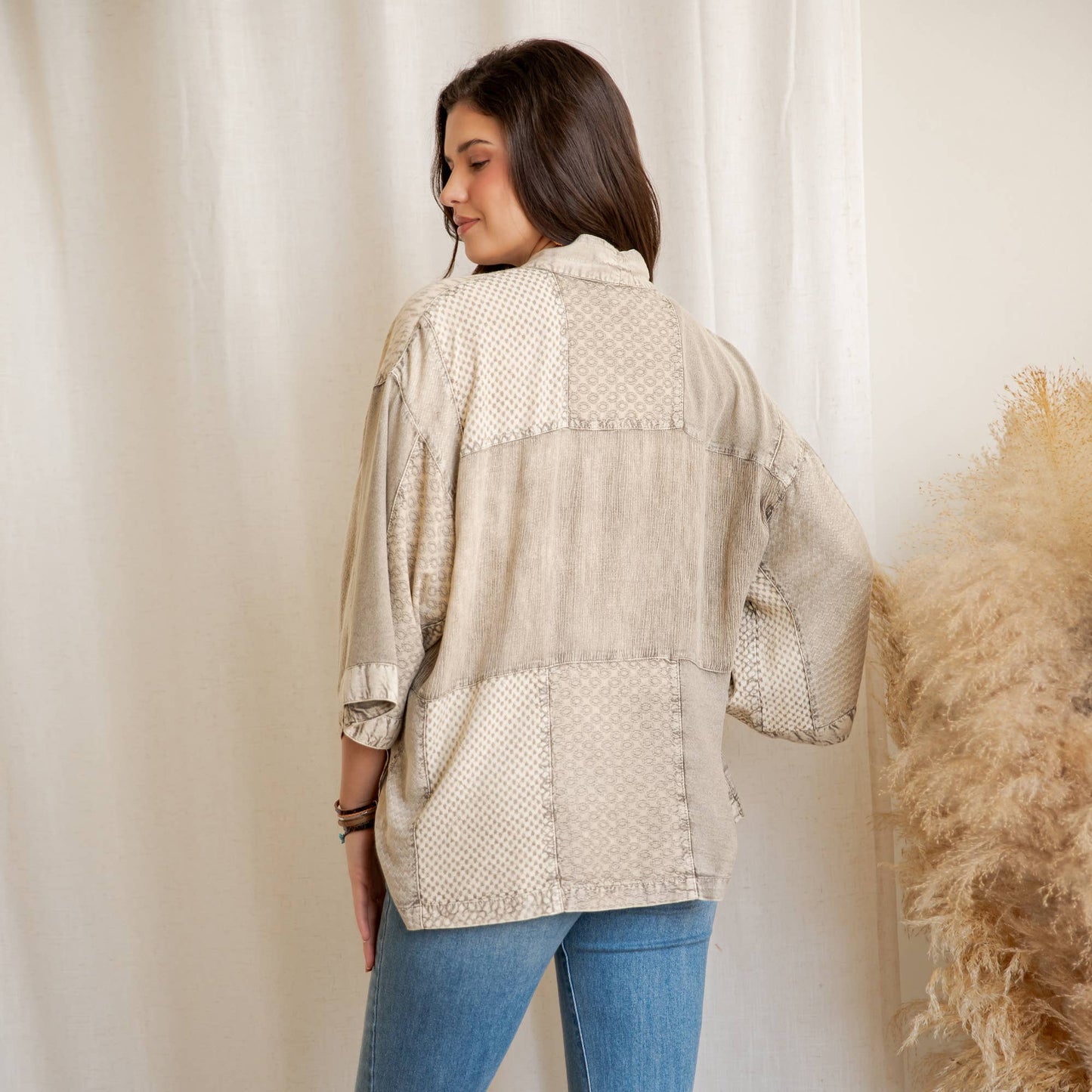 Young Threads - Boho Textured Mixed-Print Kimono with Pouch Pockets