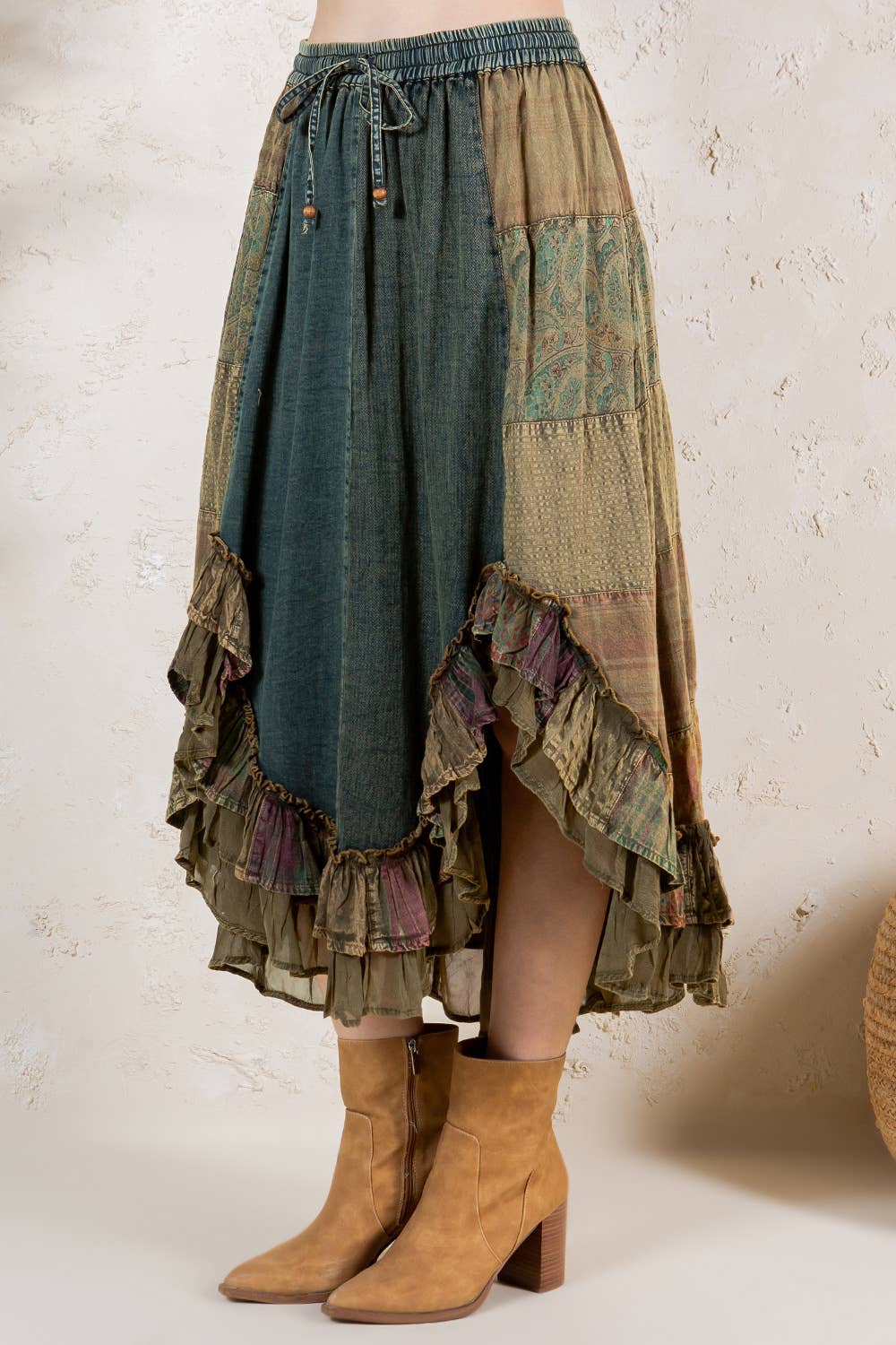 Young Threads - Western Boho Chic: Patchwork Midi Skirt