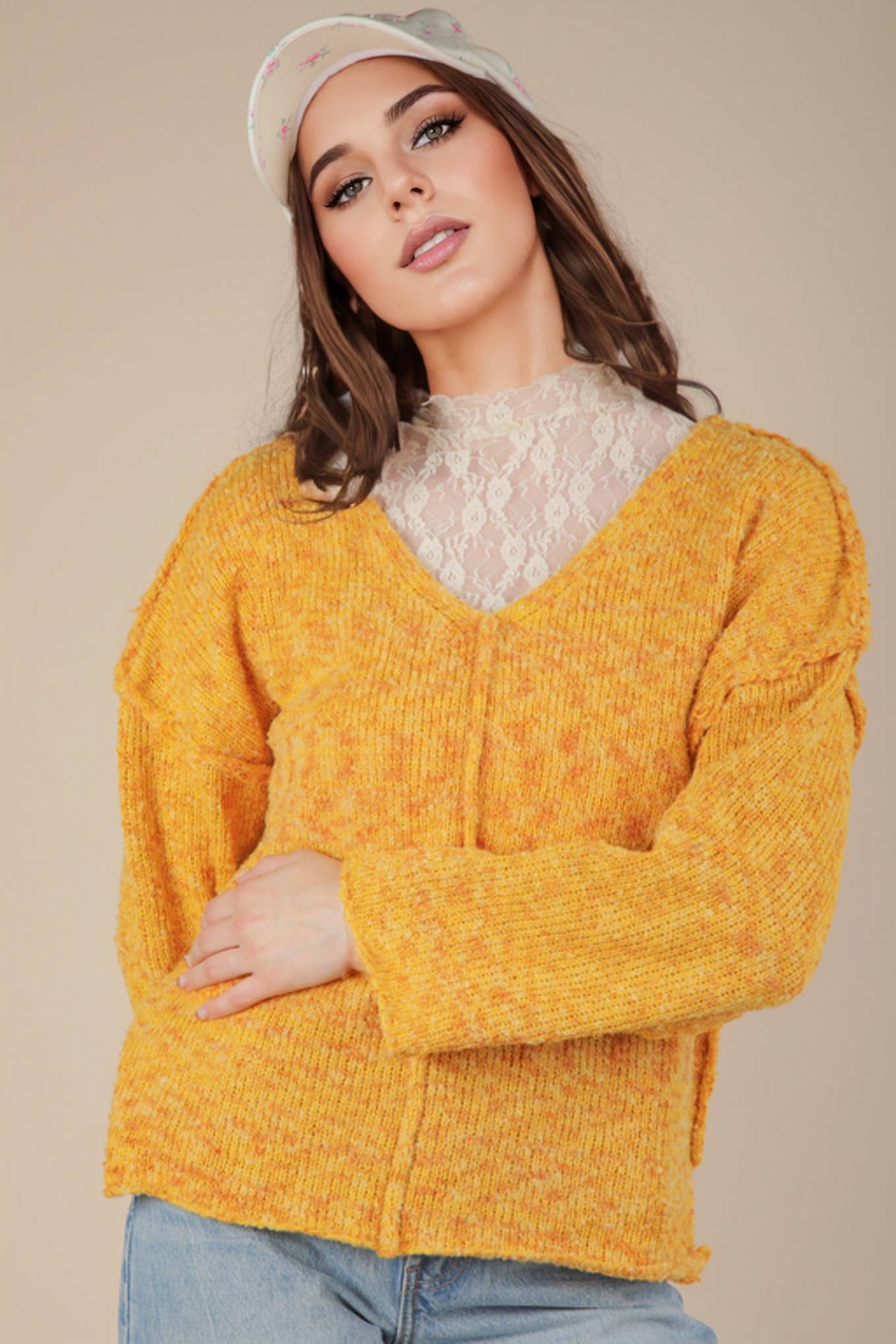 VERY J - 12W3270N-Oversized Casual Multi Color Knit Sweater Top
